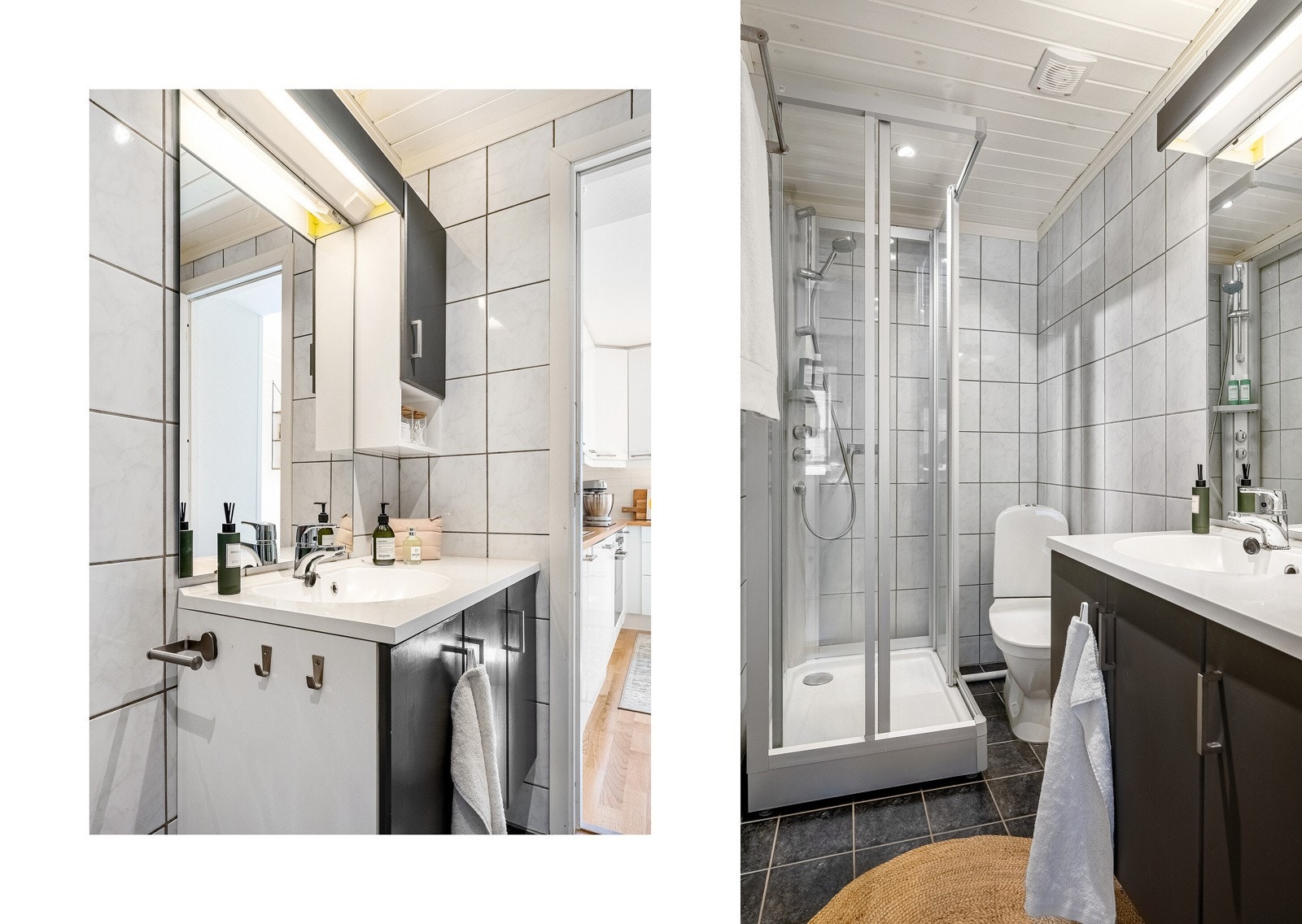 Baderommet på 3 kvm er flislagt med behagelig varme i gulvet og det er downlights i himlingen. Galleribilde