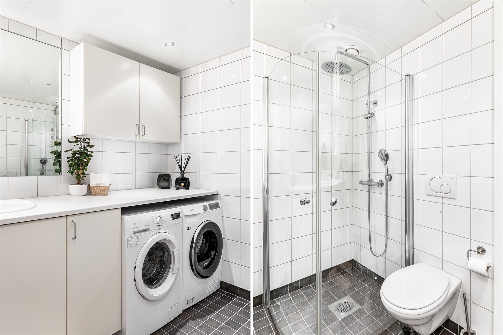 Hånd- og regndusj er installert i senere år. Dusjdørene er det mulig å svinge inn for å maksimere den tilgjengelige gulvflaten. Galleribilde