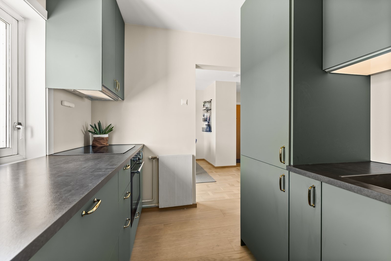 Integrerte hvitevarer som kjøl/fryseskap, stekeovn, induksjonstopp og oppvaskmaskin. Det er også montert komfyrvakt og waterguard Galleribilde