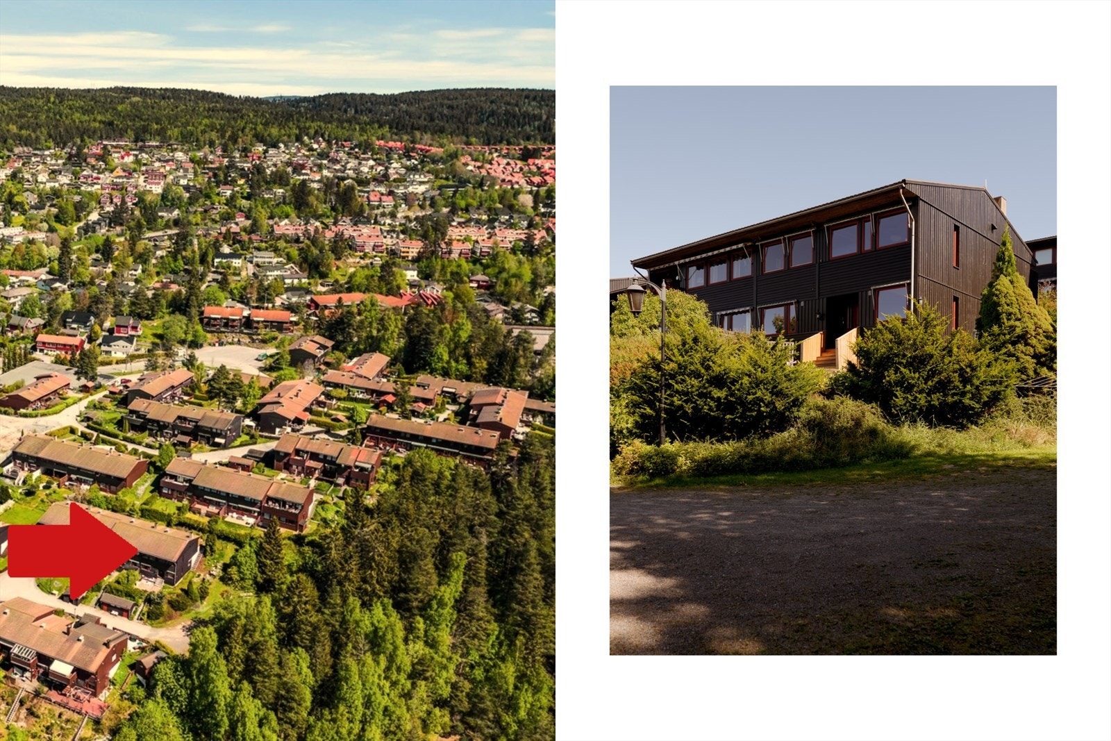 Et eldorado for barnefamilier - i Stigenga borettslag løper barna fritt mellom husene på bilfrie veier, her er det fint å vokse opp! Boligens beliggenhet markert med pil. Galleribilde