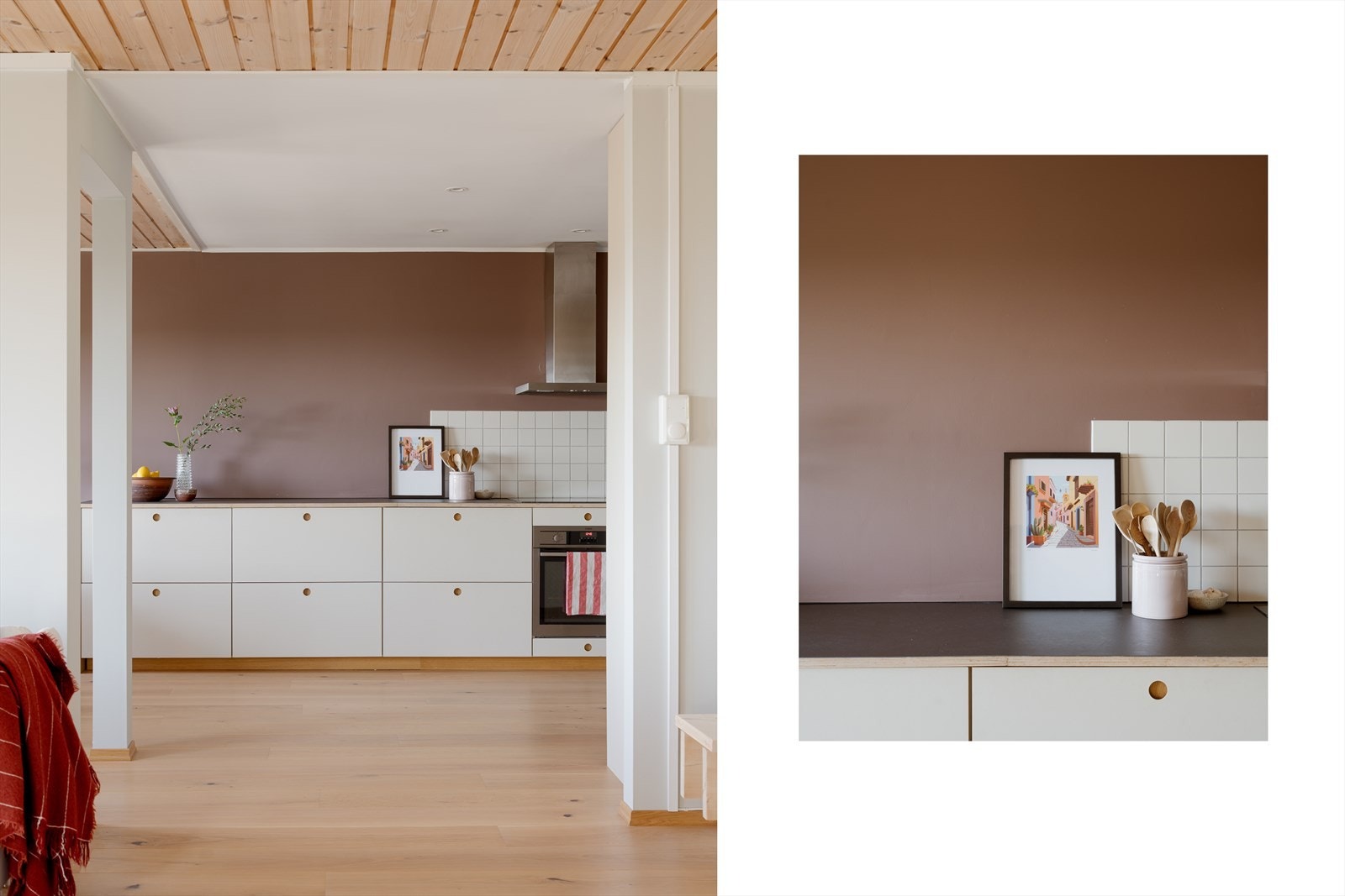 Kjøkkenet ble pusset opp i 2020, og består av IKEA stammer tilpasset av møbelsnekker. Innredningen har glatte fronter med innfelt grep og finer benkeplate med glatt overflate. Galleribilde