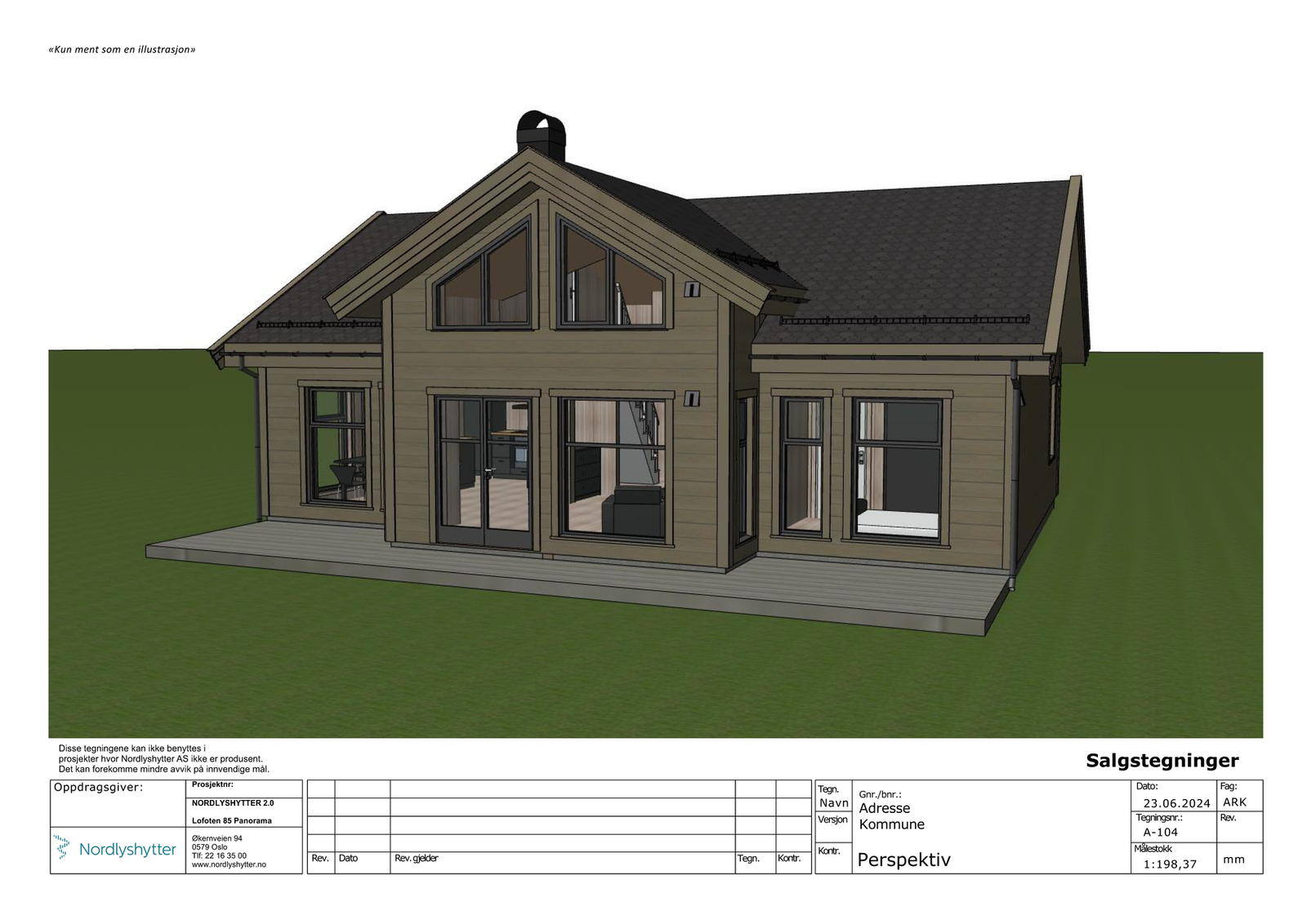 Salgstegning Lofoten 85 Panorama. I prosjektet leveres torvtak og stående utv.panel i hht reg.plan Galleribilde