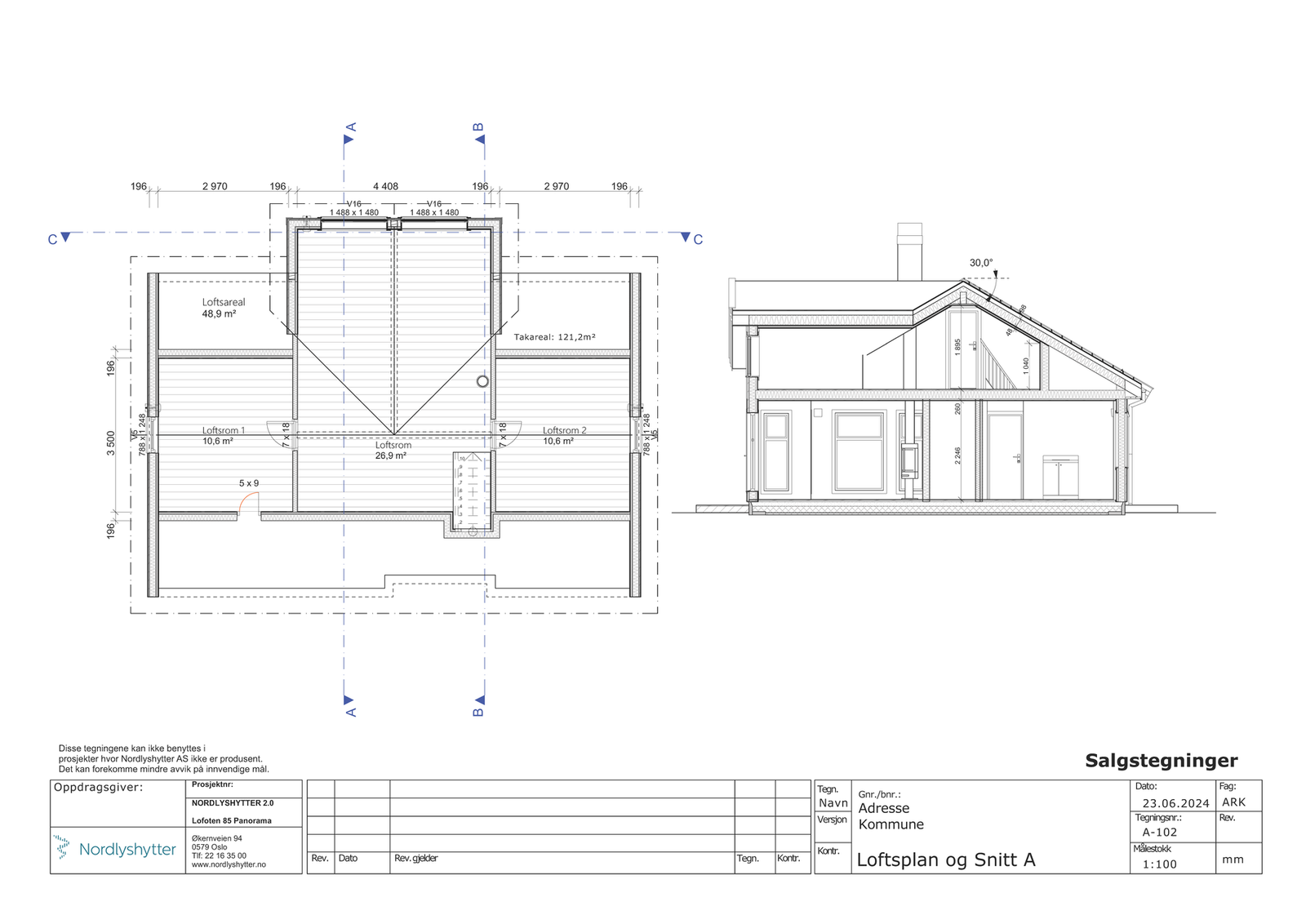 Plantegning og snitt hems.
Her har du 3 rom med ekstra plass til besøk av familie og venner Galleribilde