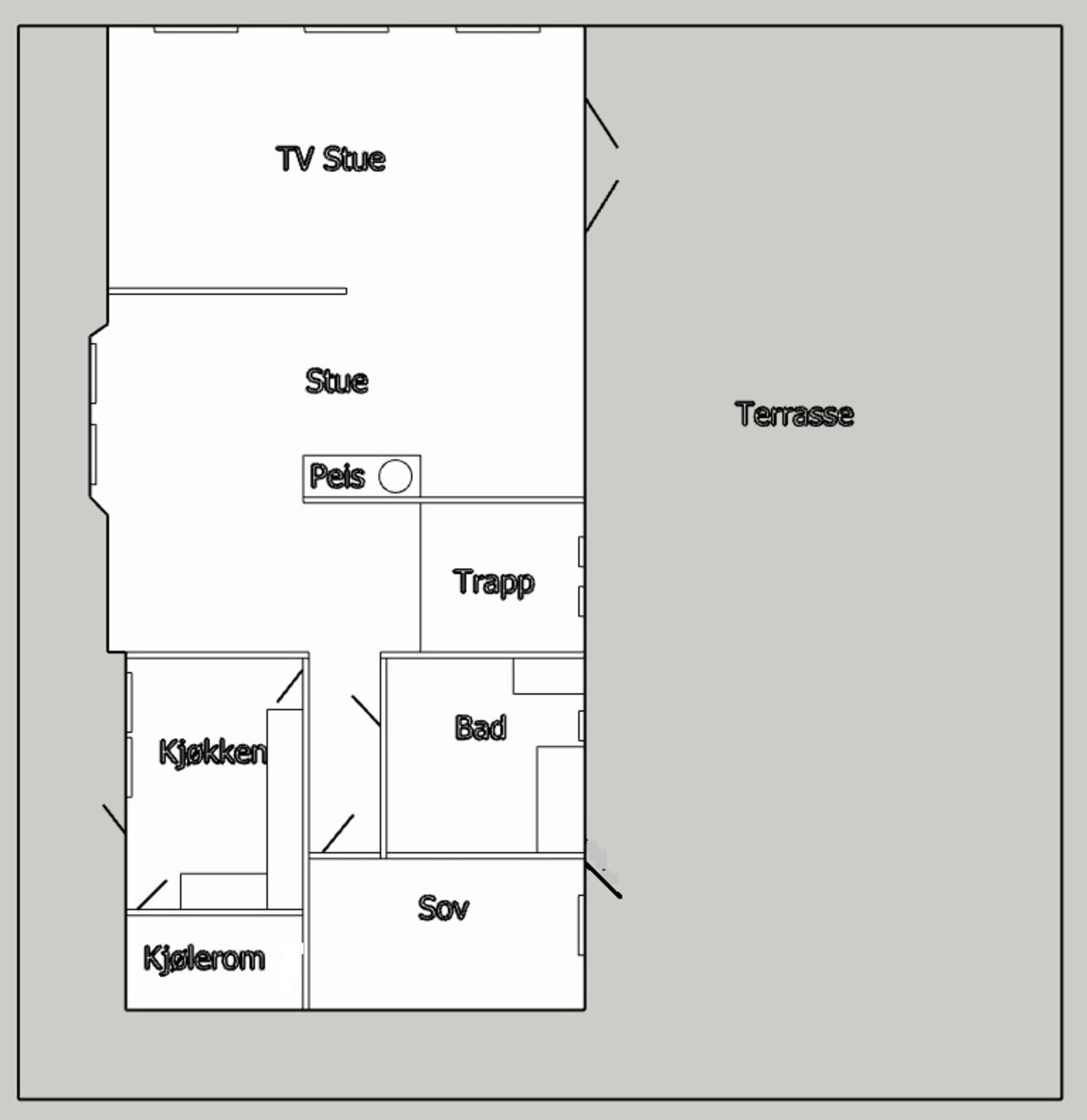 Vi beveger oss inn i boligen igjen. Plantegning av boligens 1.etg. Galleribilde