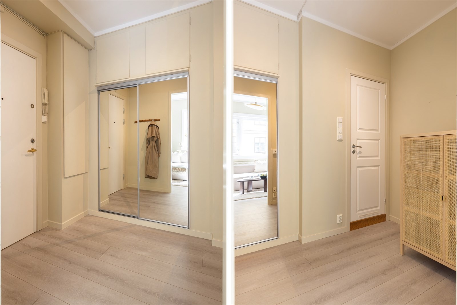 Plassbygd skyvedørsgarderobe med speilfronter, sikrer rikelig med oppbevaringsplass. Galleribilde