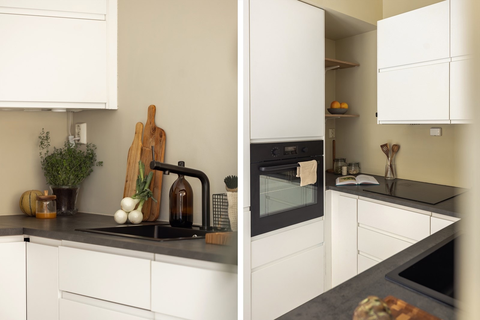 Kjøkkenet er utstyrt med integrerte hvitevarer; induksjonstopp, stekeovn, oppvaskmaskin, kjøl/frys (kjøleskap fra 2022) og kullfilterventilator. Her finner du også leilighetens varmtvannstank. Galleribilde