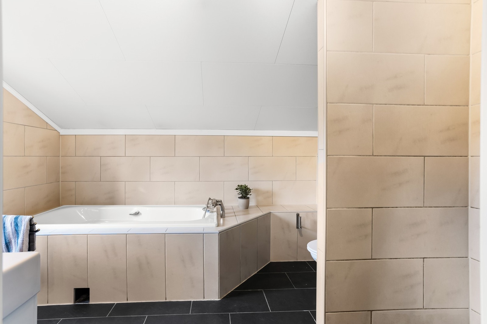 Rommet har ellers vegghengt toalett, dusjnisje med glassdører og badekar. Galleribilde