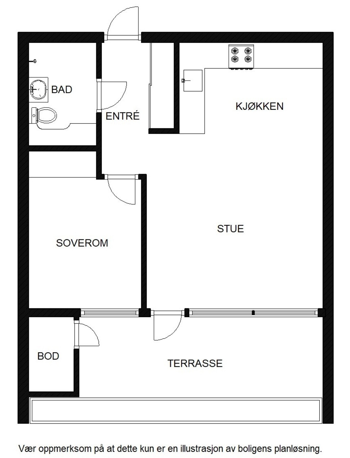 Planskisse. Leiligheten disponerer bod og skapbod i kjeller i tillegg. Galleribilde