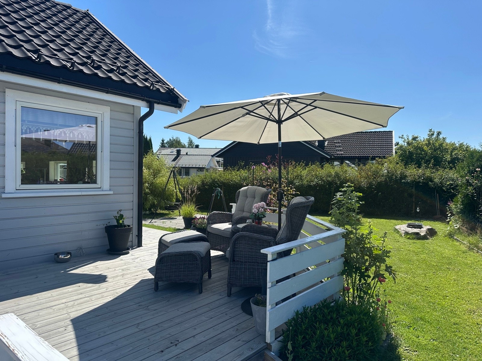 Lunt og fint i husveggen.Godt skjermet mot gaten av hekken. Galleribilde