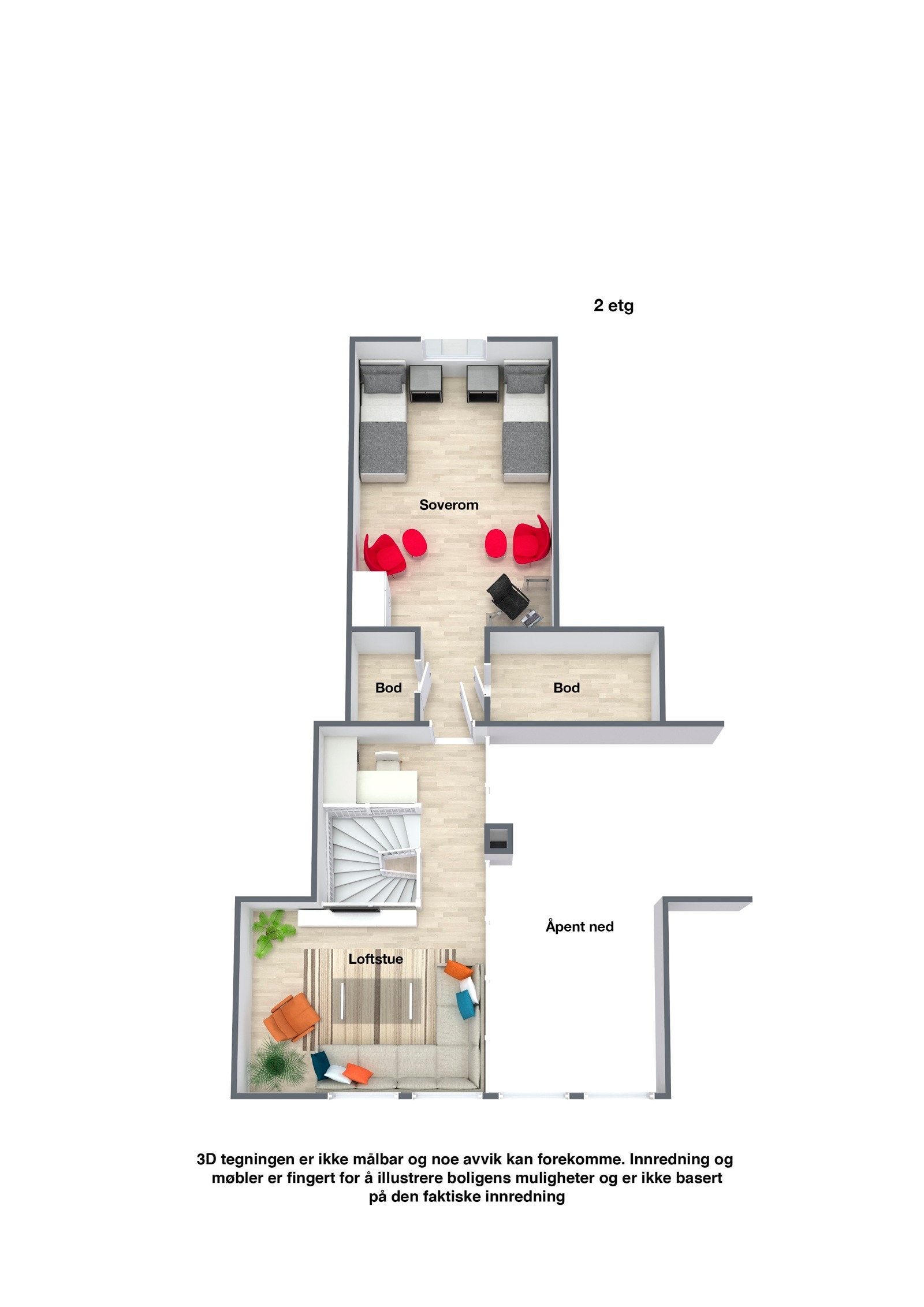 Plantegning 2. etg. Rom merket med soverom på tegningen er ikke meldt bruksendret i Skien kommune. Galleribilde