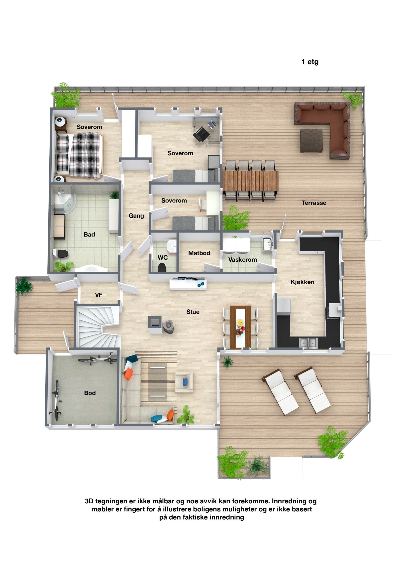 Plantegning 1etg. Legg merke til den store boden ved inngangen hvor det ligger godt ann til ski- og sykkelverksted. Galleribilde