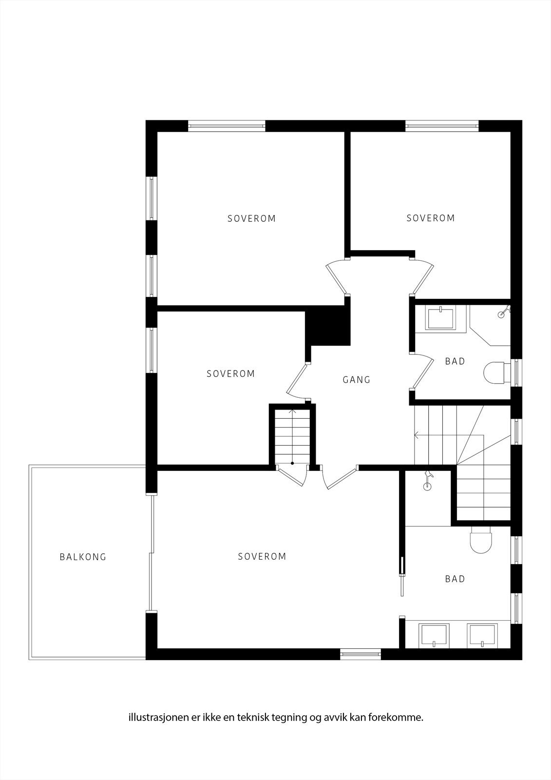 Oppe har du familiens etasje. 4 soverom og to bad, fint fordelt. Galleribilde