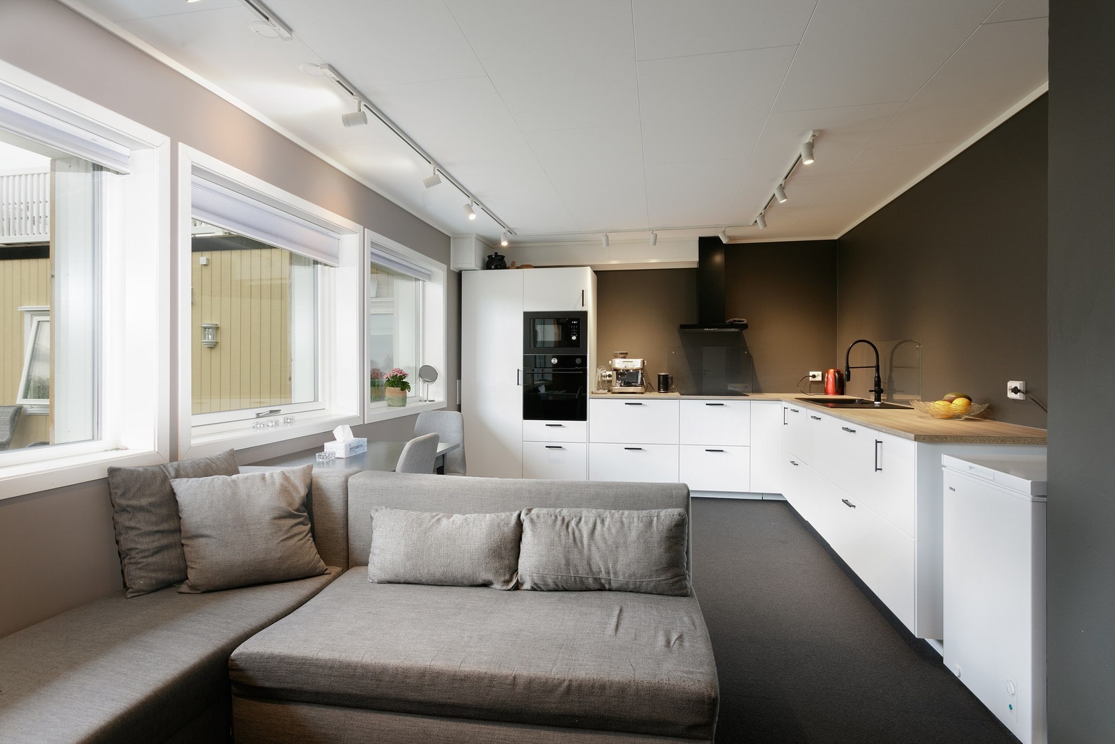 Stue og kjøkken i stor leilighet i underetasjen Galleribilde