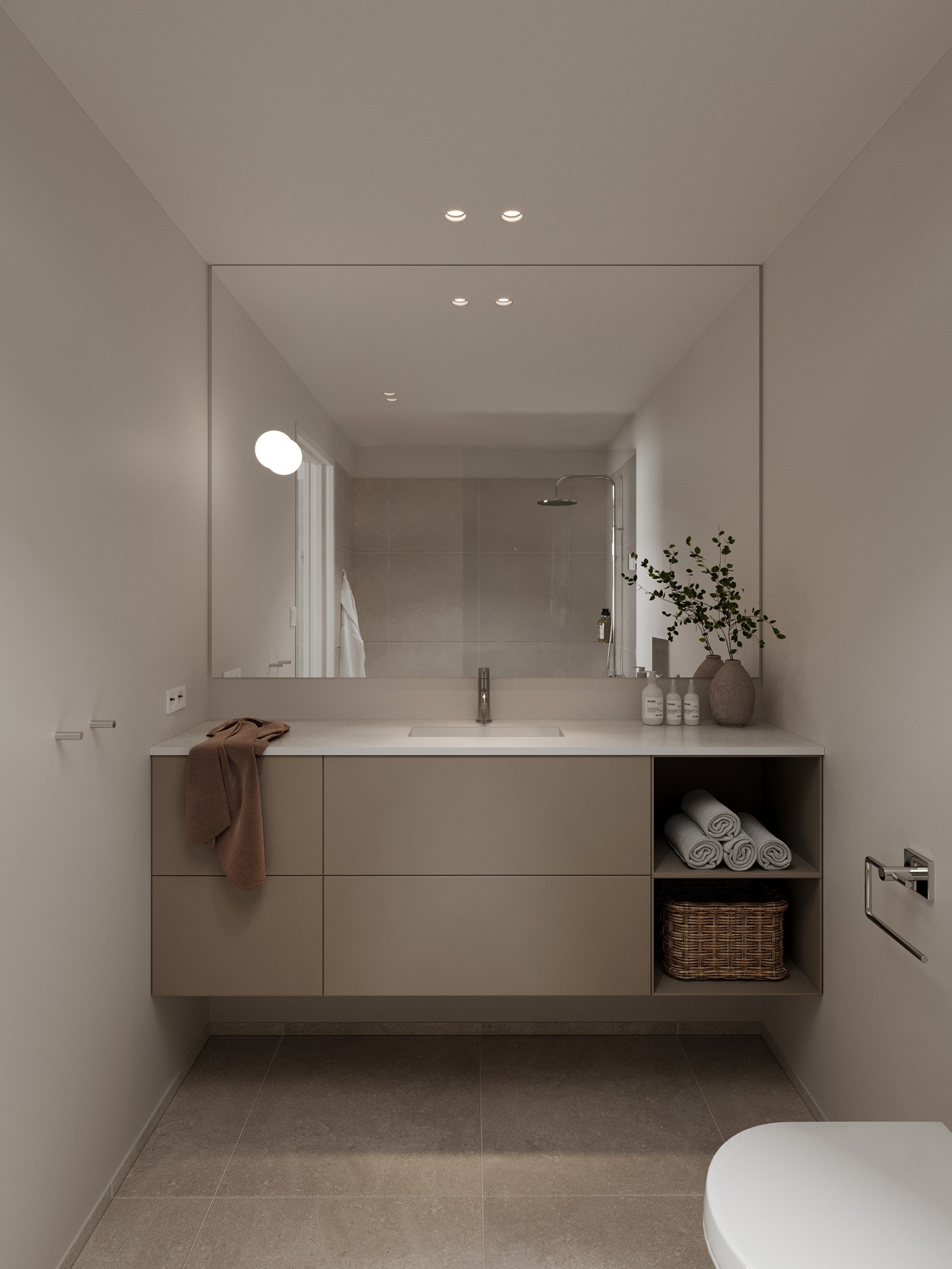 Badet er utformet med moderne og slitesterke materialer. Gulvet er belagt med fliser i format 60x60 cm fra serien Bera Beren, eller tilsvarende, med fug i matchende farge. Galleribilde