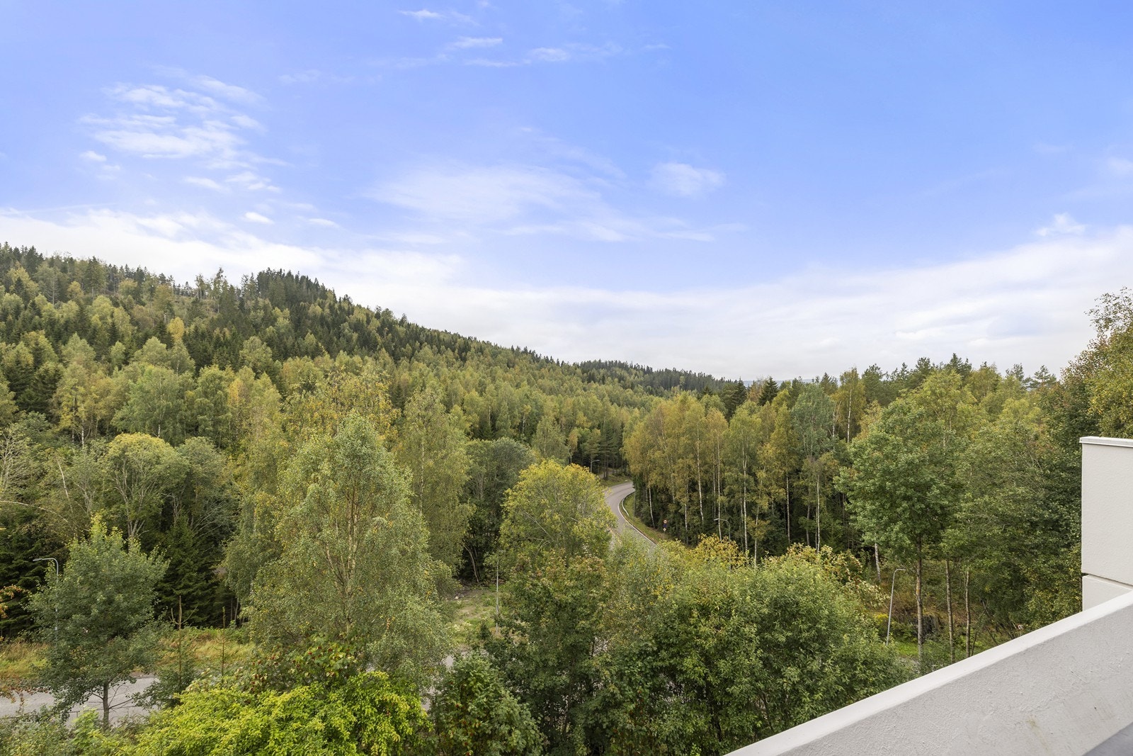 Utsikt fra balkongen. Det er kort vei til flotte tur- og friluftsområder i Østmarka med svært gode rekreasjonsmuligheter sommer som vinter med skiterreng, bade- og fiskevann og lysløype. Aamodtdammen er et populært sted varme sommerdager. Galleribilde