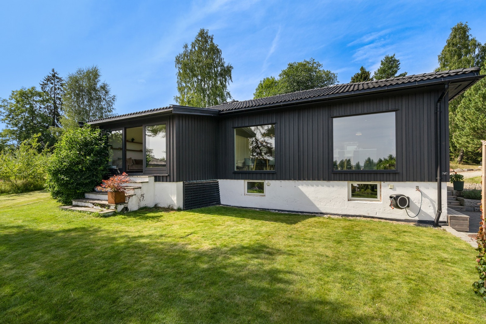 Hyggelig uteområde med plen og diverse beplantning Galleribilde