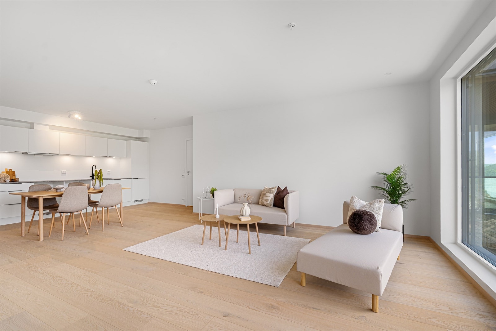Leiligheten er av god størrelse og har plass til både sofagruppe og spisegruppe. Galleribilde