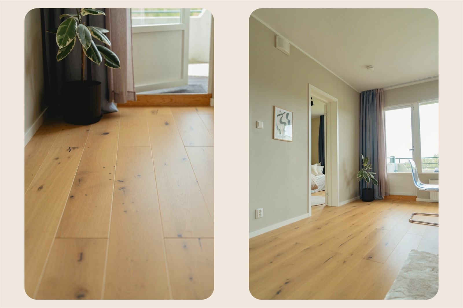 Stuen er malt i en tidsriktig farge som komplimenteres av et flott parkett gulv. Galleribilde