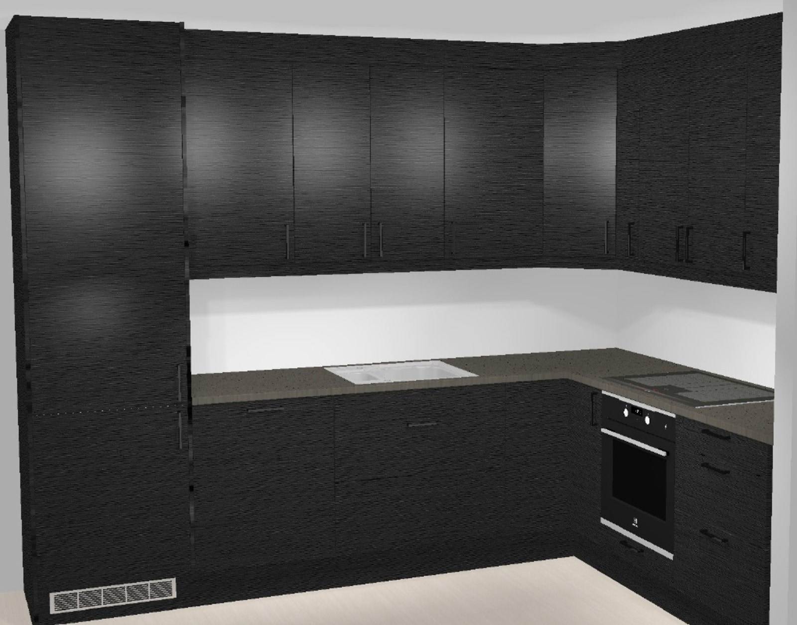 Kjøkken med integrerte hvitevarer - kjøl/frys, oppvaskmaskin, koketopp og komfyr. Galleribilde