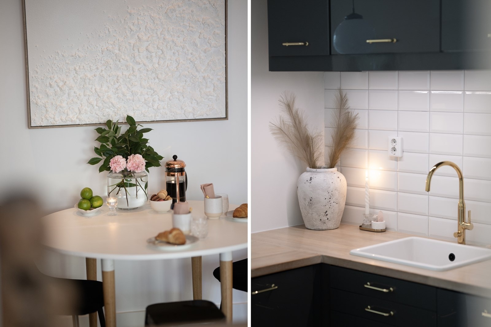 Kjøkkenet er designet i en hendig L-form, og oppleves sømløst og moderne med integrerte hvitevarer Galleribilde