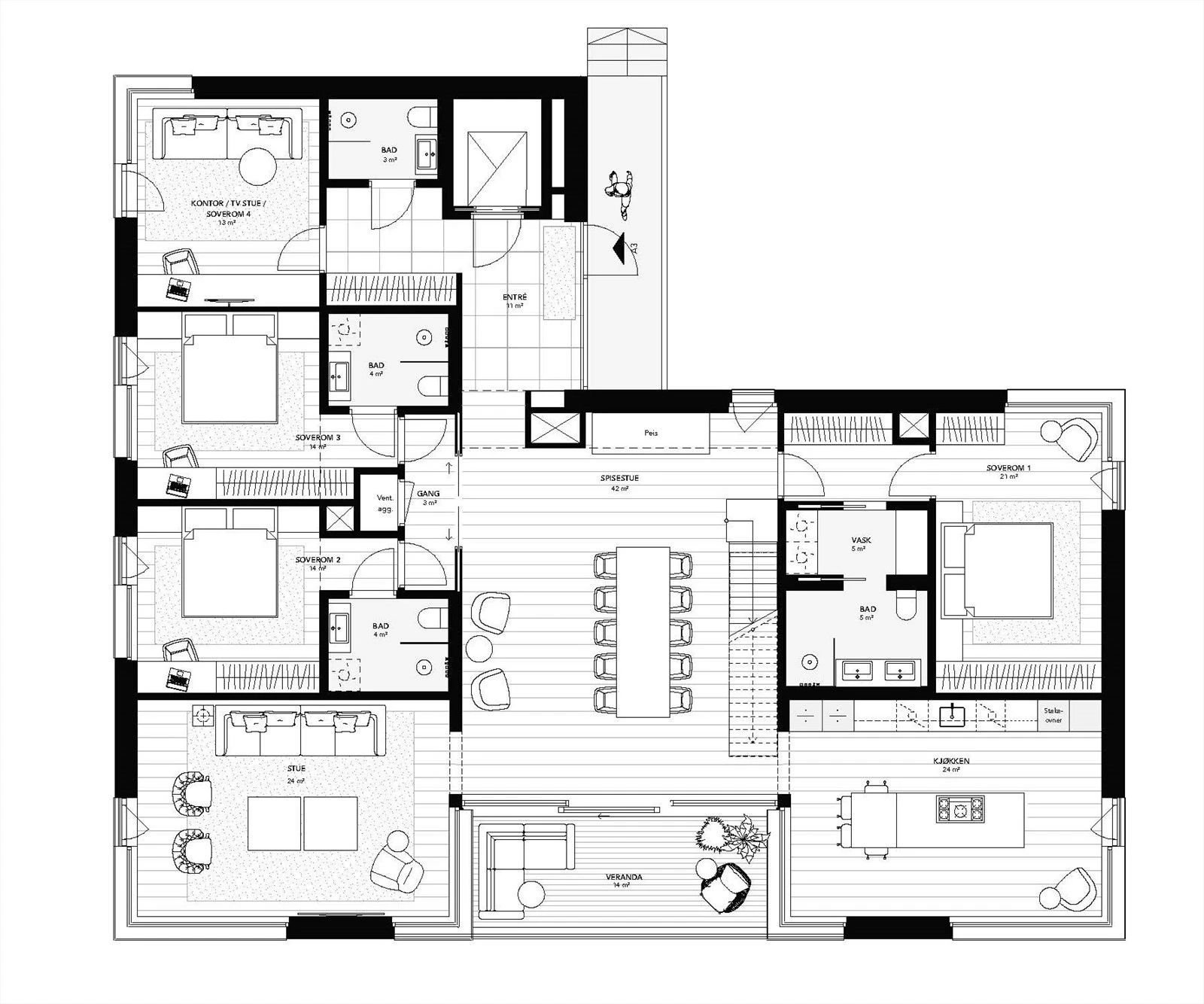 Plantegning av 3. etasje - Byggets toppetasje Galleribilde