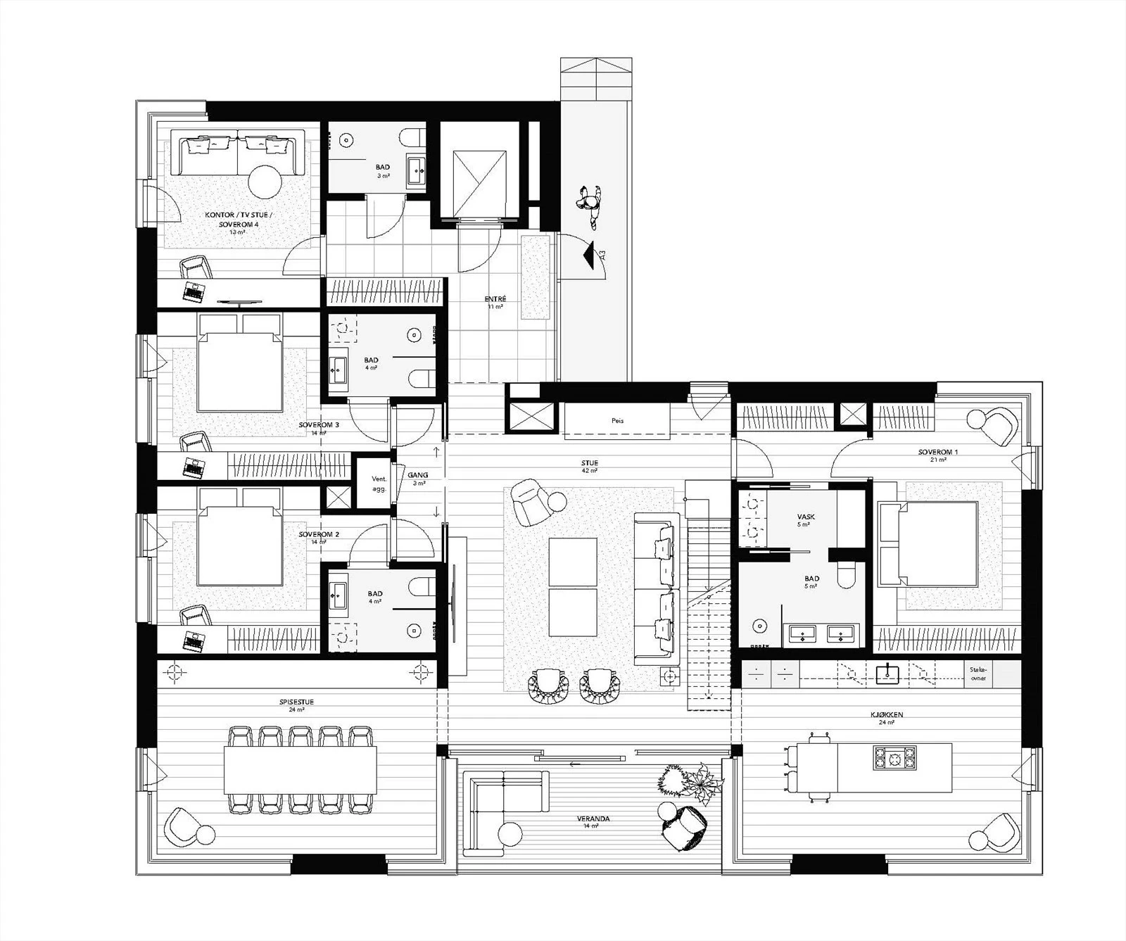 Alternativ plantegning 3. etasje hvor salongen er sentralt plassert Galleribilde