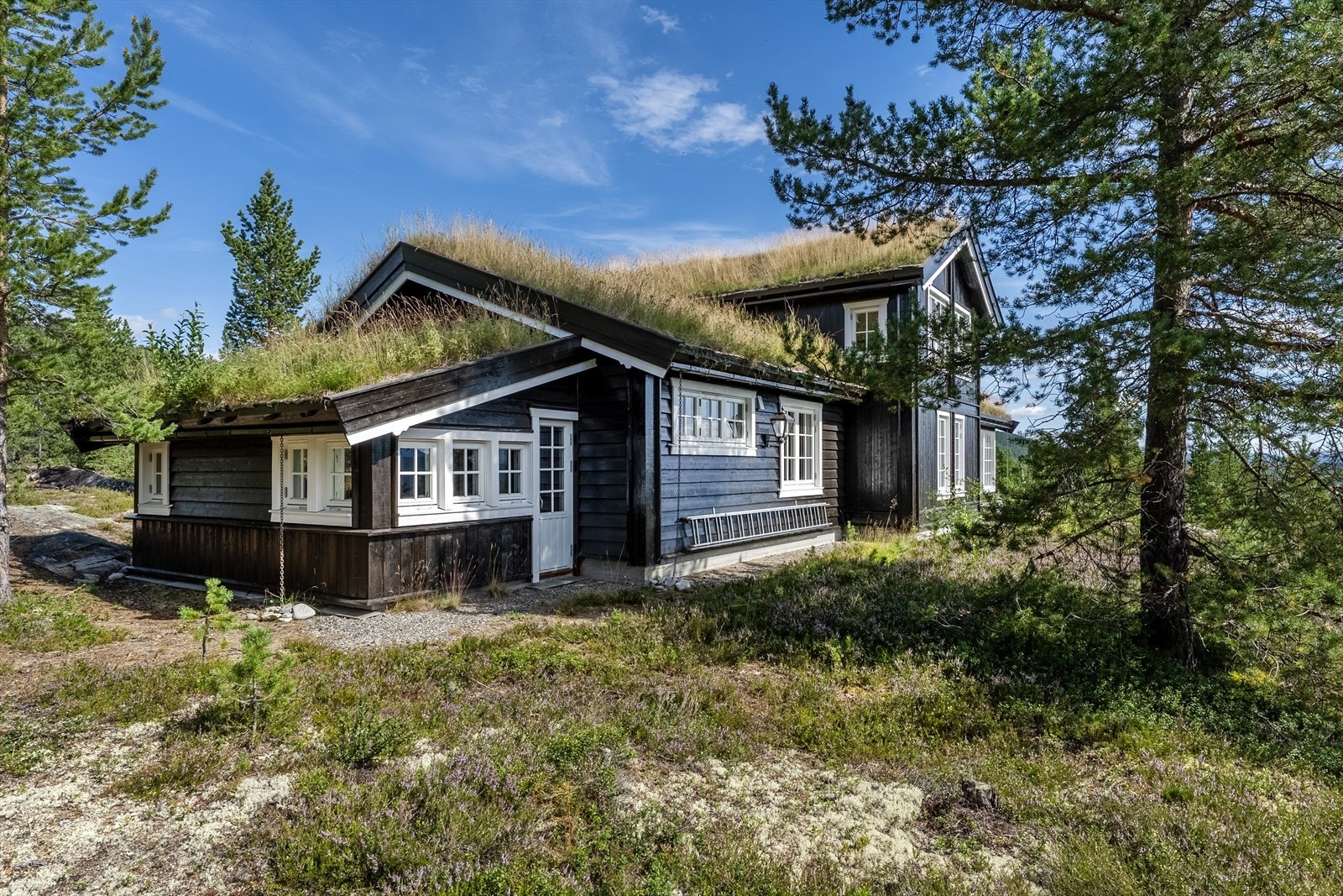 Fasade mot sør og vest - I vestenden har hytta spaavdeling med bad, badstu og relaxrom med utgang til tomten Galleribilde