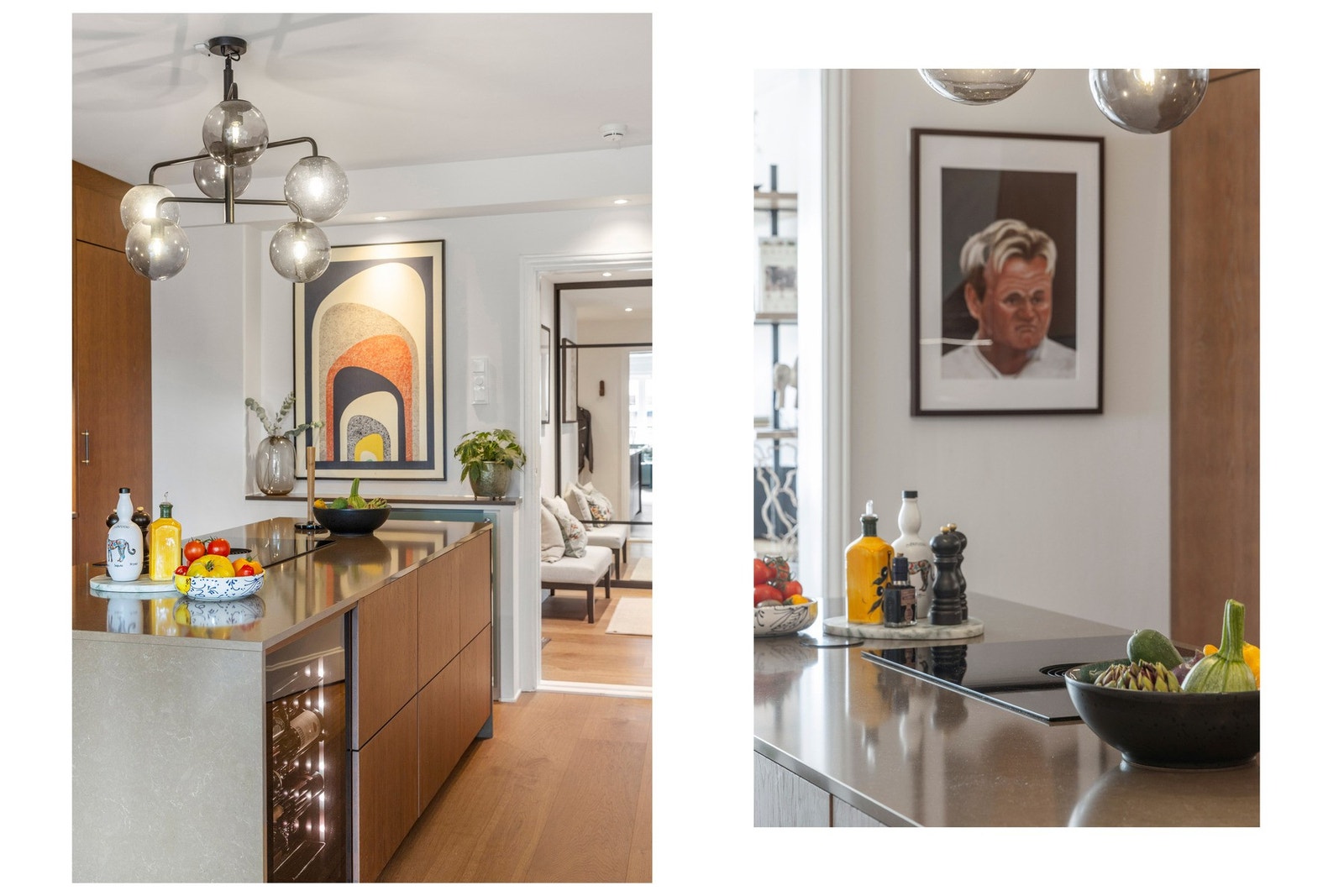 Innredningen består av slette fronter i en elegant treutførelse med håndtak fra Lovehandles, kombinert med en eksklusiv komposittbenkeplate fra Danmark. Galleribilde