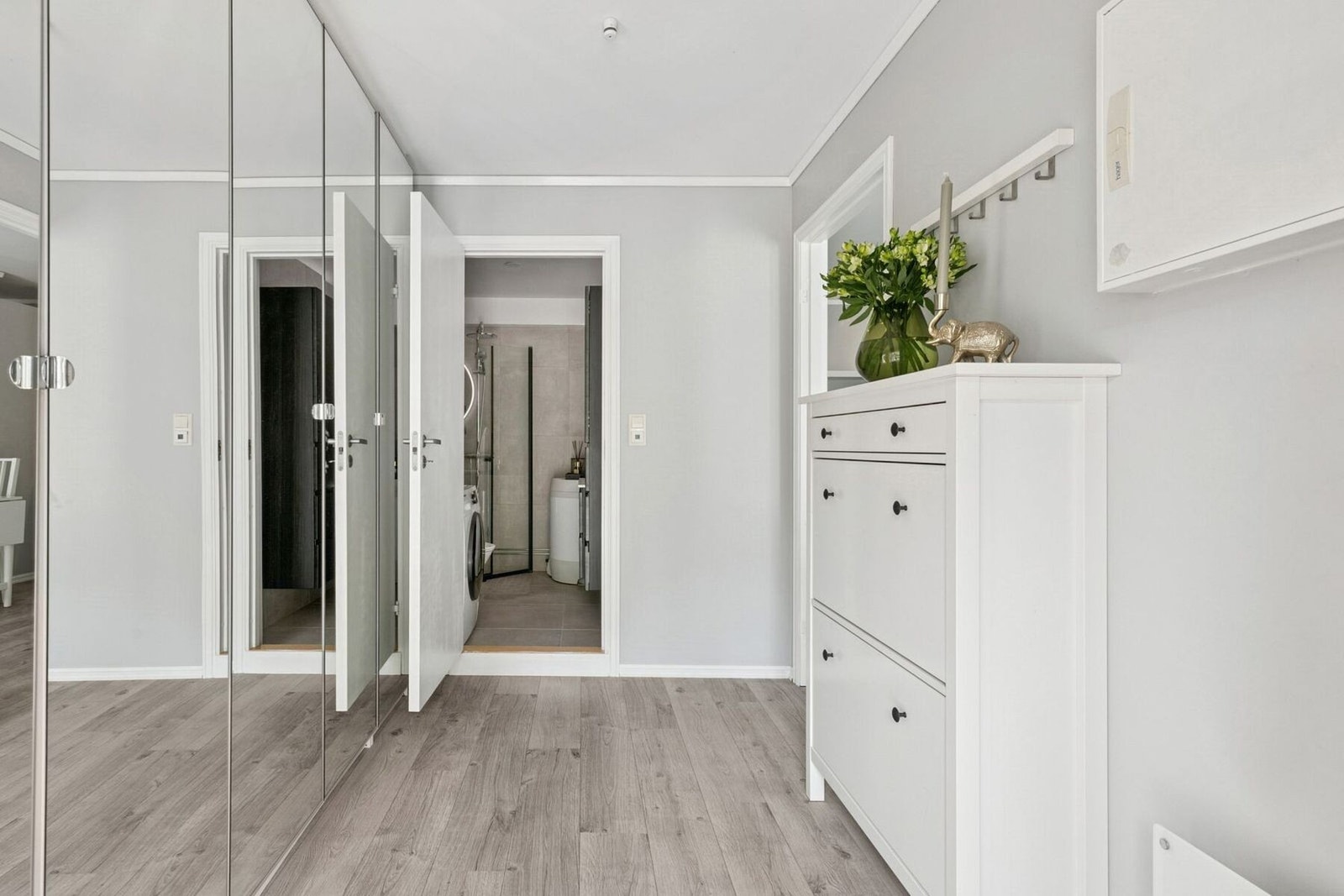 Entreen har god plass til oppbevaring i form av takhøye garderobeskap på én hel vegg og skoskap, som vil følge med. Galleribilde