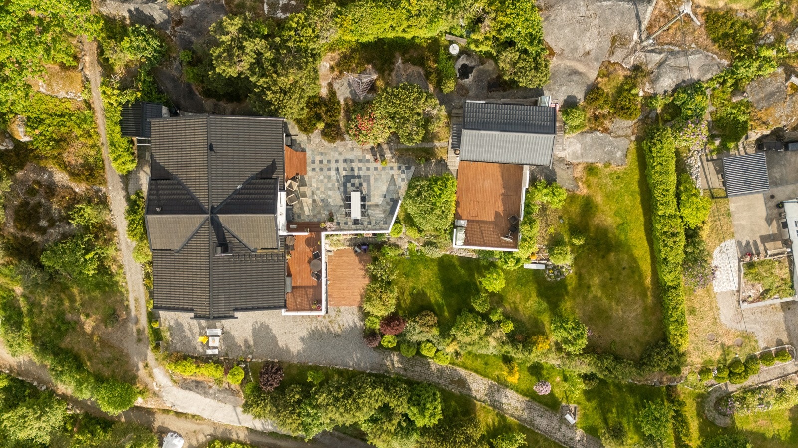 Parkmessig opparbeidet tomt på ca 1,5 mål med flere uteplasser og hyggelige soner. Plass til hele storfamilien! Galleribilde