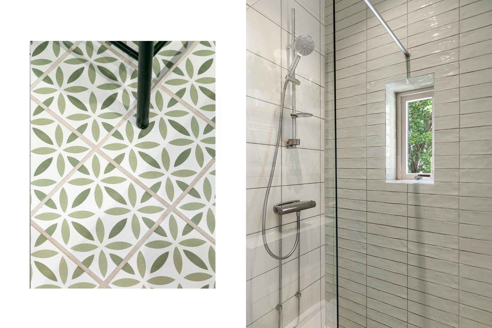 Dusjnisje med fast glassvegg og termostatstyrt dusjbatteri i krom med hånddusj Galleribilde