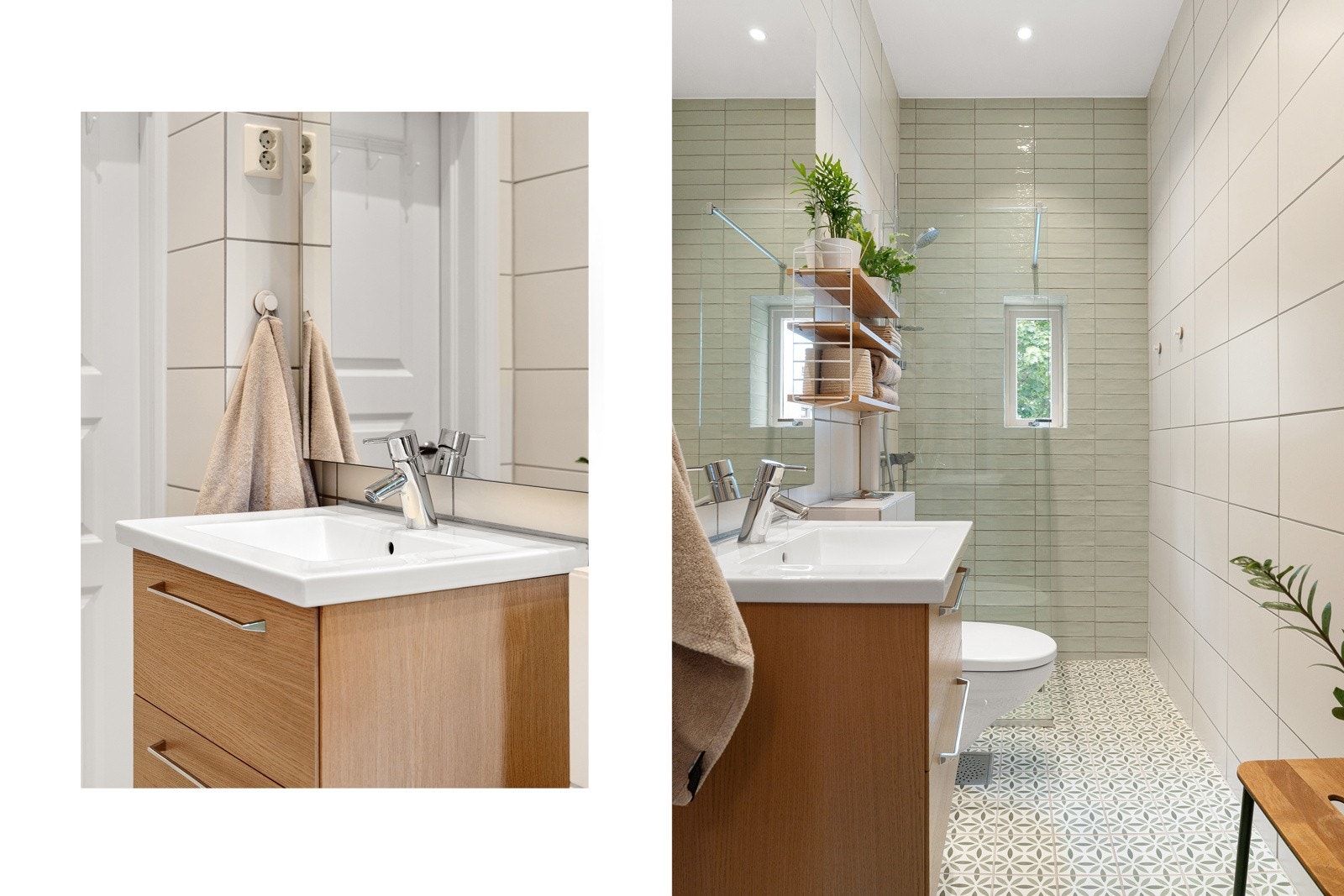 Veggmontert servantskap med heldekkende vask og ett-greps armatur i krom. Innfelte downlights i himling. Galleribilde