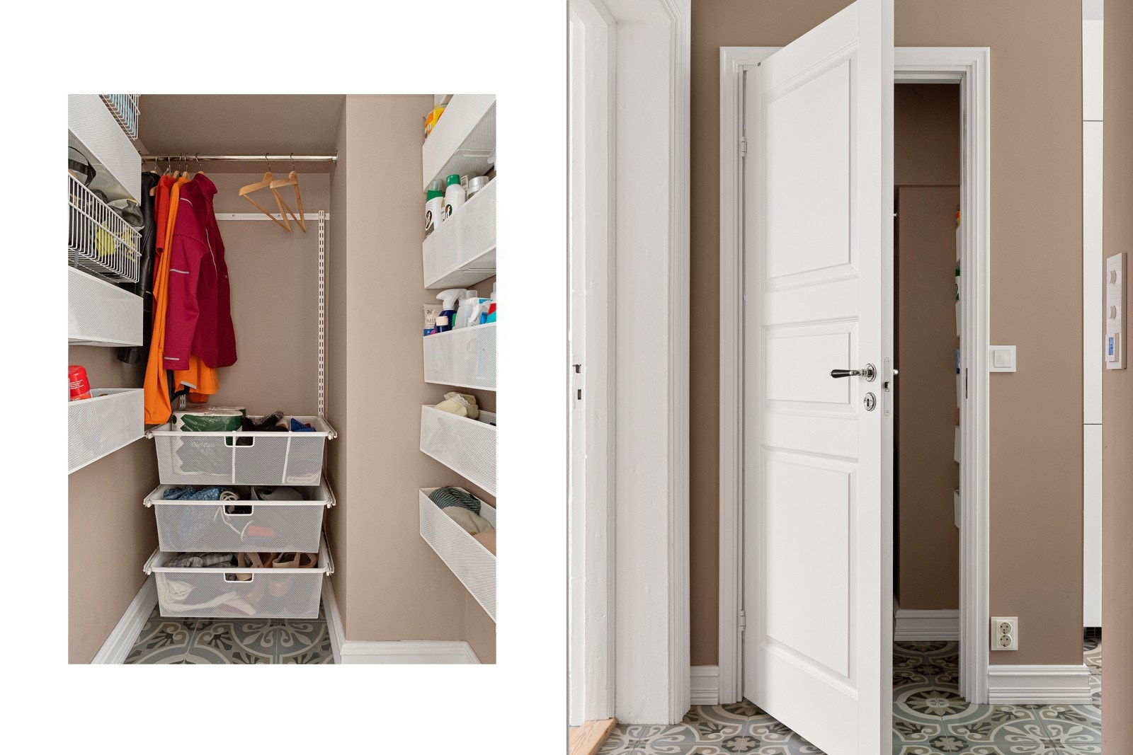 God plass til oppbevaring av sko og yttertøy samt ytterligere lagring i romslig innvendig bod. Leiligheten disponerer en loftsbod med skråtak og et gulvareal på ca. 4,5 m². I tillegg disponeres det en kjellerbod på ca. 5 m². Galleribilde