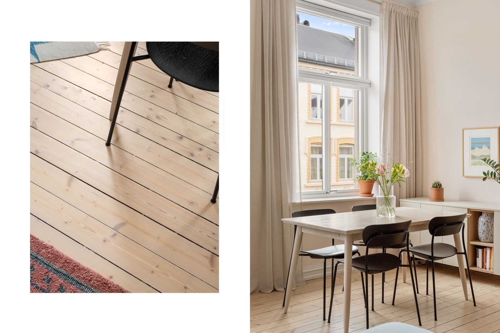 Originale heltregulv og malte slette veggflater. Gulvet ble slipt i 2020. Galleribilde