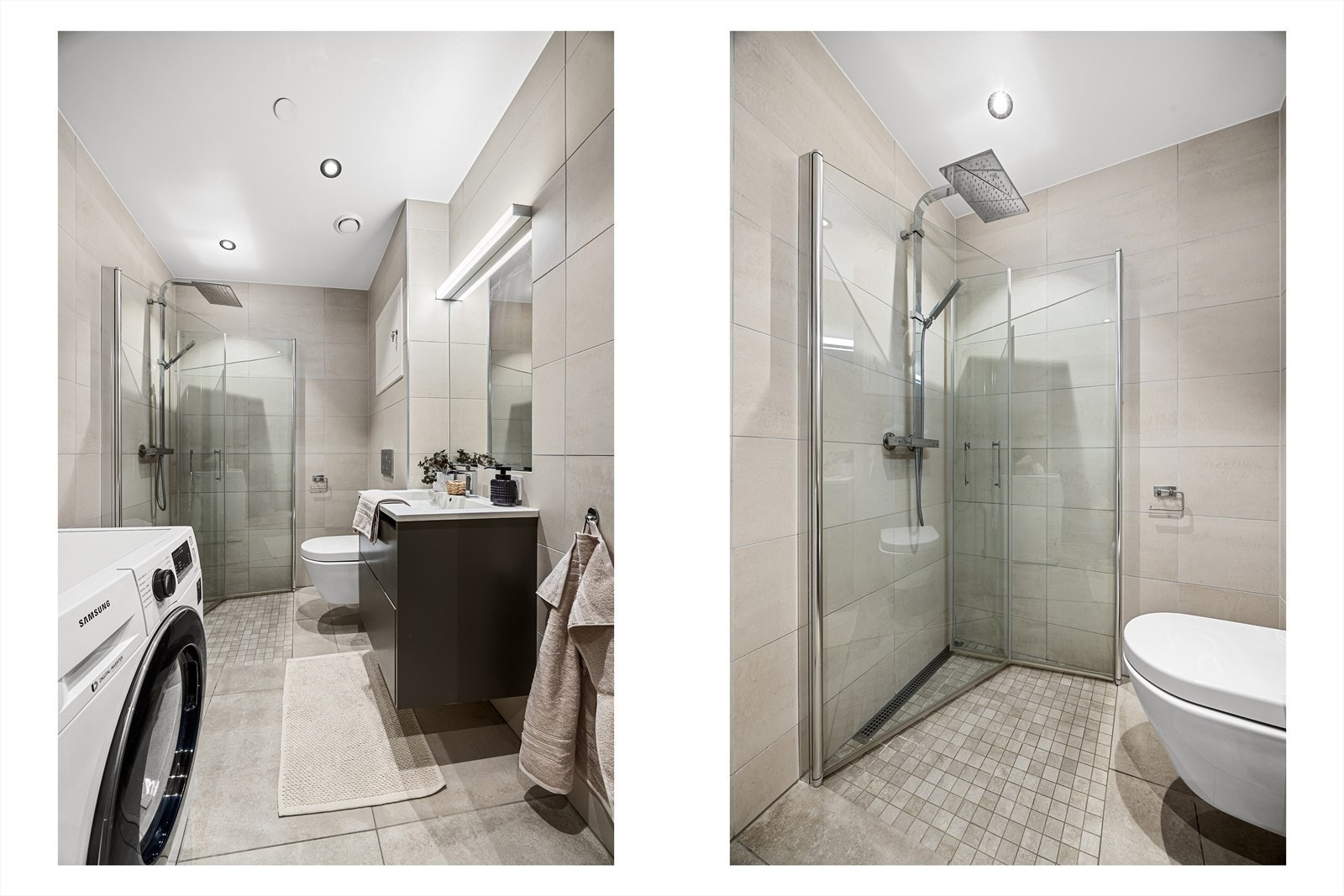 Badet er utstyrt med dusjhørne med regndusj og håndusj, opplegg for vaskemaskin, mekanisk avtrekk, rørfordelingsskap, servantskap og veggmontert wc Galleribilde