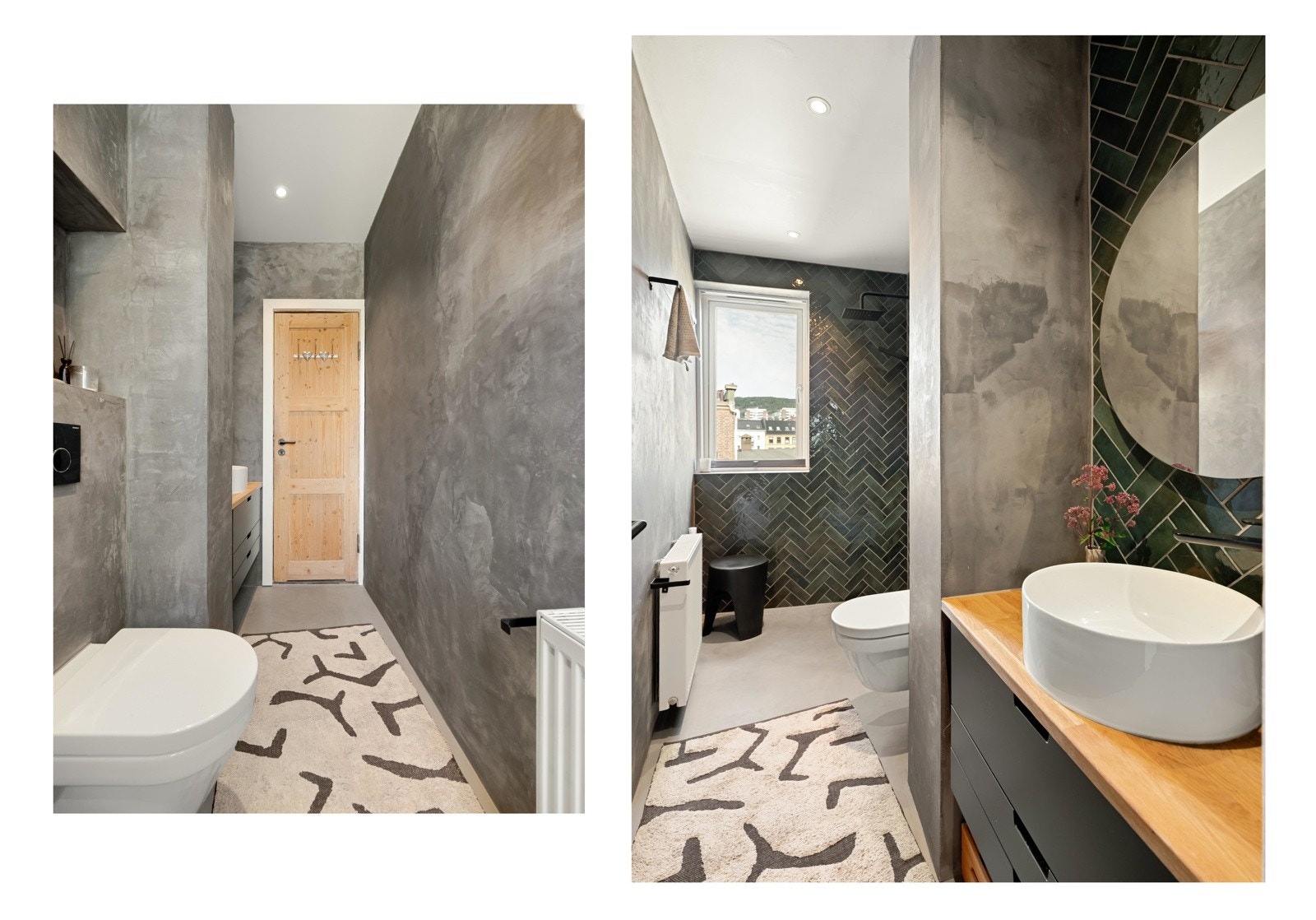 Badet er innredet med dusjhjørne, vegghengt toalett, samt servant med innredning. Det er downlights i himling, radiator tilkoblet bergvarme og elektriske varmekabler i gulvet. Galleribilde