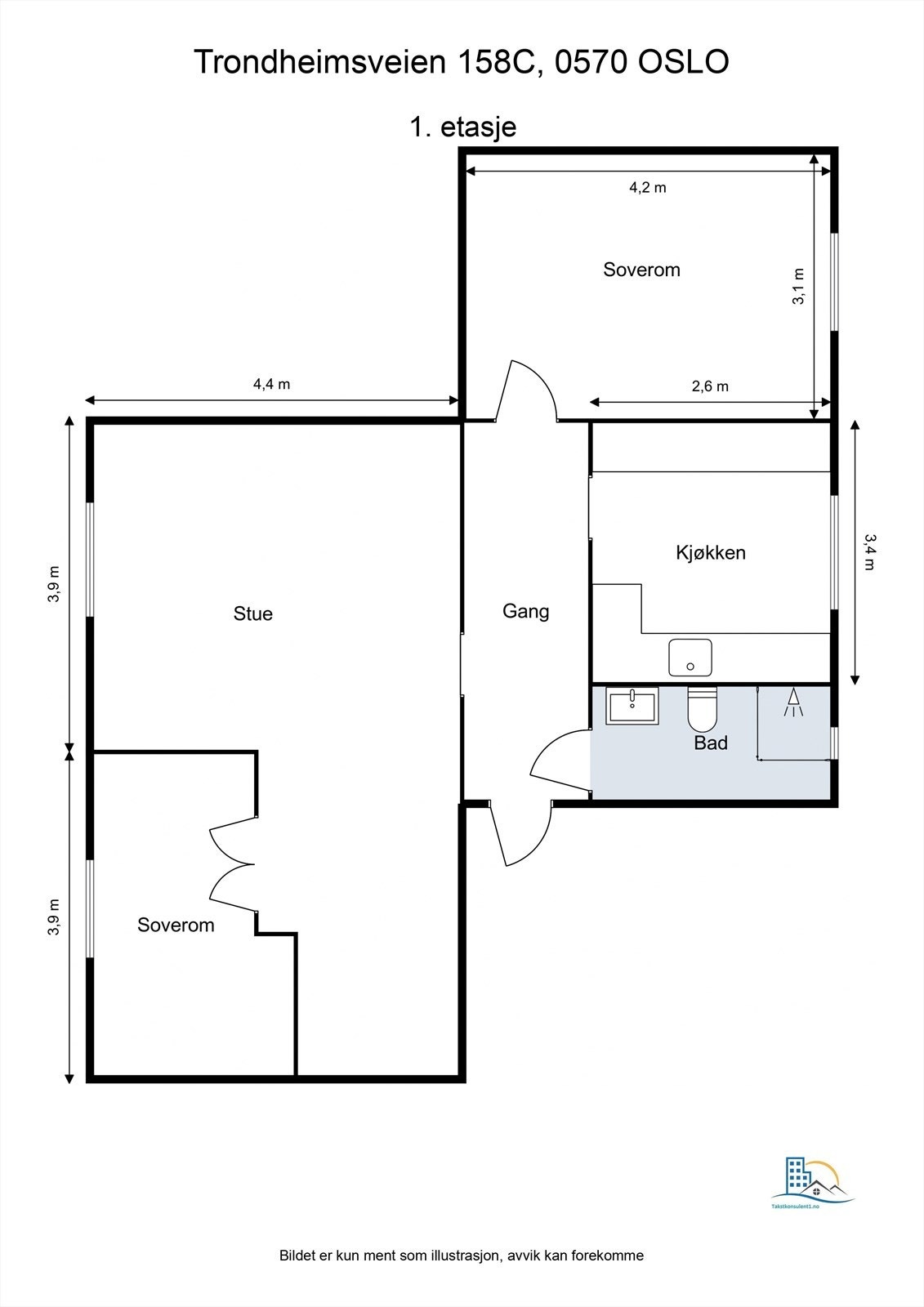 Plantegning. Leiligheten vender mot bakgård og Konghellegata som er enveiskjørt. I tillegg er det grøntbelte mellom bygget og fortau/gate Galleribilde