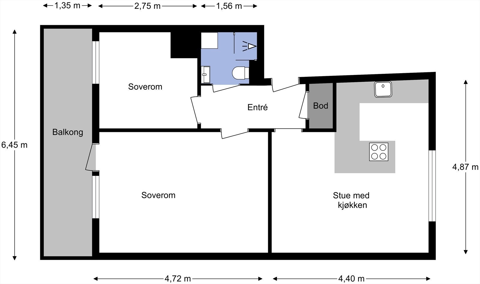 Plantegning fra takstmann. Leiligheten har en gjennomgående planløsning med entré, stue og kjøkken, to soverom og bad. Kjellerbod for lagring. Galleribilde