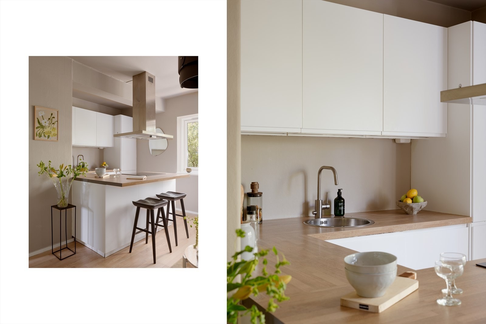 Det er godt med oppbevaringsplass i skuffer og skap som gjør det enkelt å holde orden. I tillegg er den ene benkeplaten forlenget og fungerer fint som spiseplass. Galleribilde