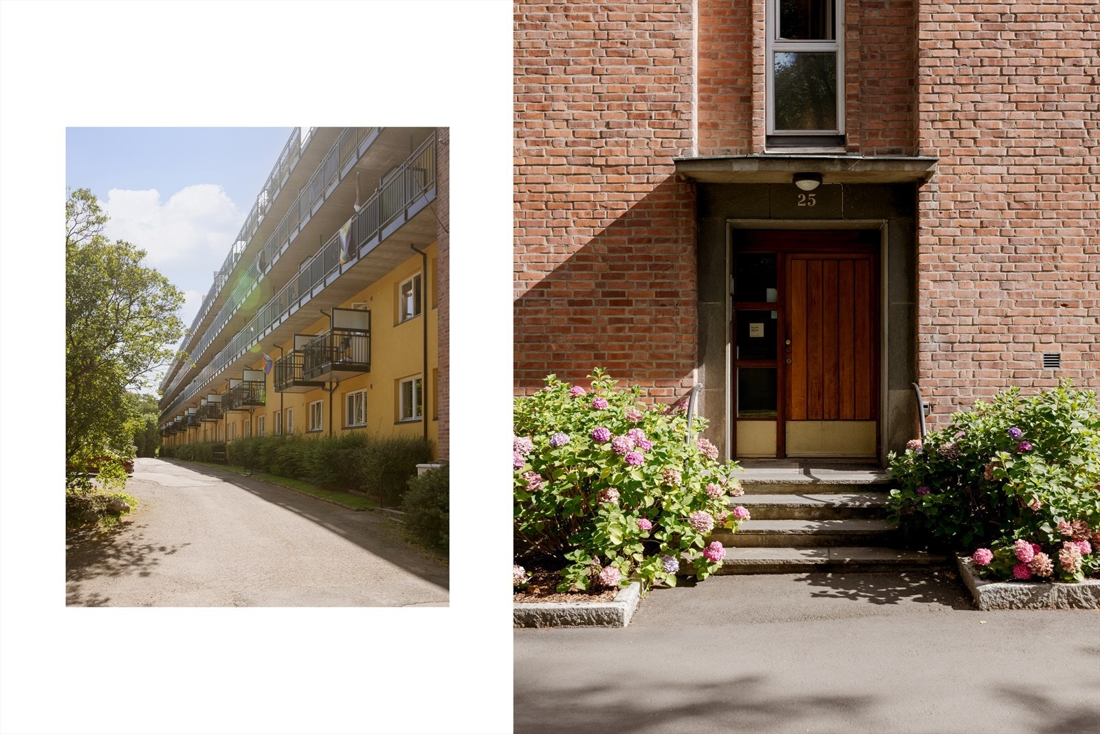 Fra bakkeplan tar du deg enkelt via hyggelig, grønt inngangsparti til leiligheten som ligger i 3. etasje. Galleribilde