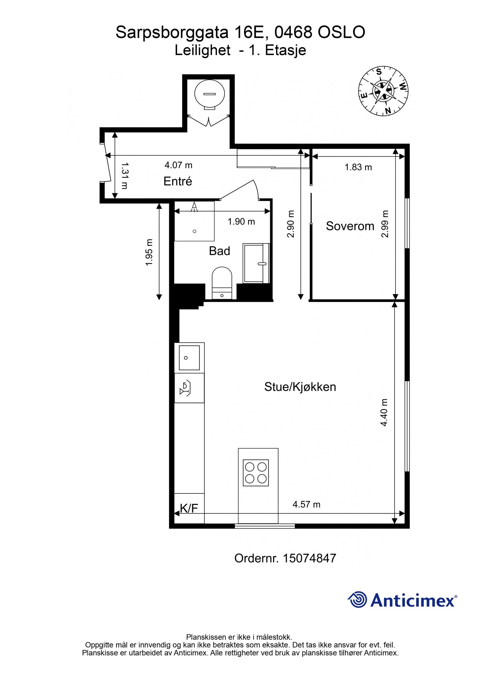 Plantegning. I tillegg disponerer leiligheten en kjellerbod på ca. 8m². Galleribilde