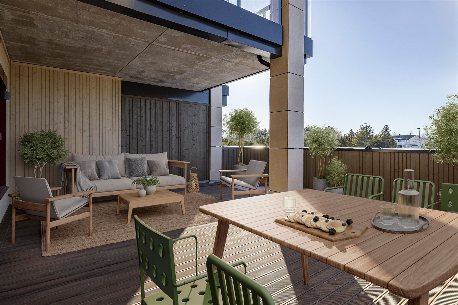 Fra stuen er det utgang til en stor sydvestvendt terrasse på 39m² med gode solforhold. Det gjøres oppmerksom på at bildet er en illustrasjon med digital styling. Galleribilde