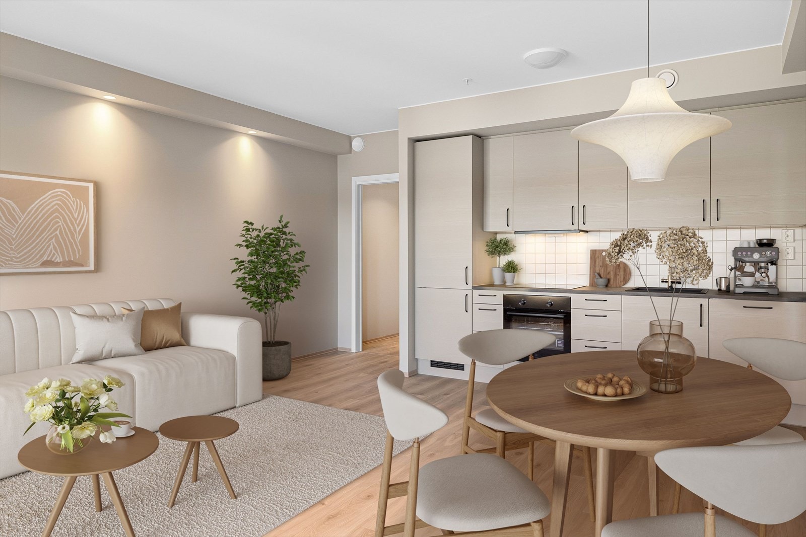 Leiligheten har en god planløsning med åpen stue- og kjøkkenløsning, soverom med bod og bad/vaskerom. Det gjøres oppmerksom på at bildet er en illustrasjon med digital styling. Galleribilde