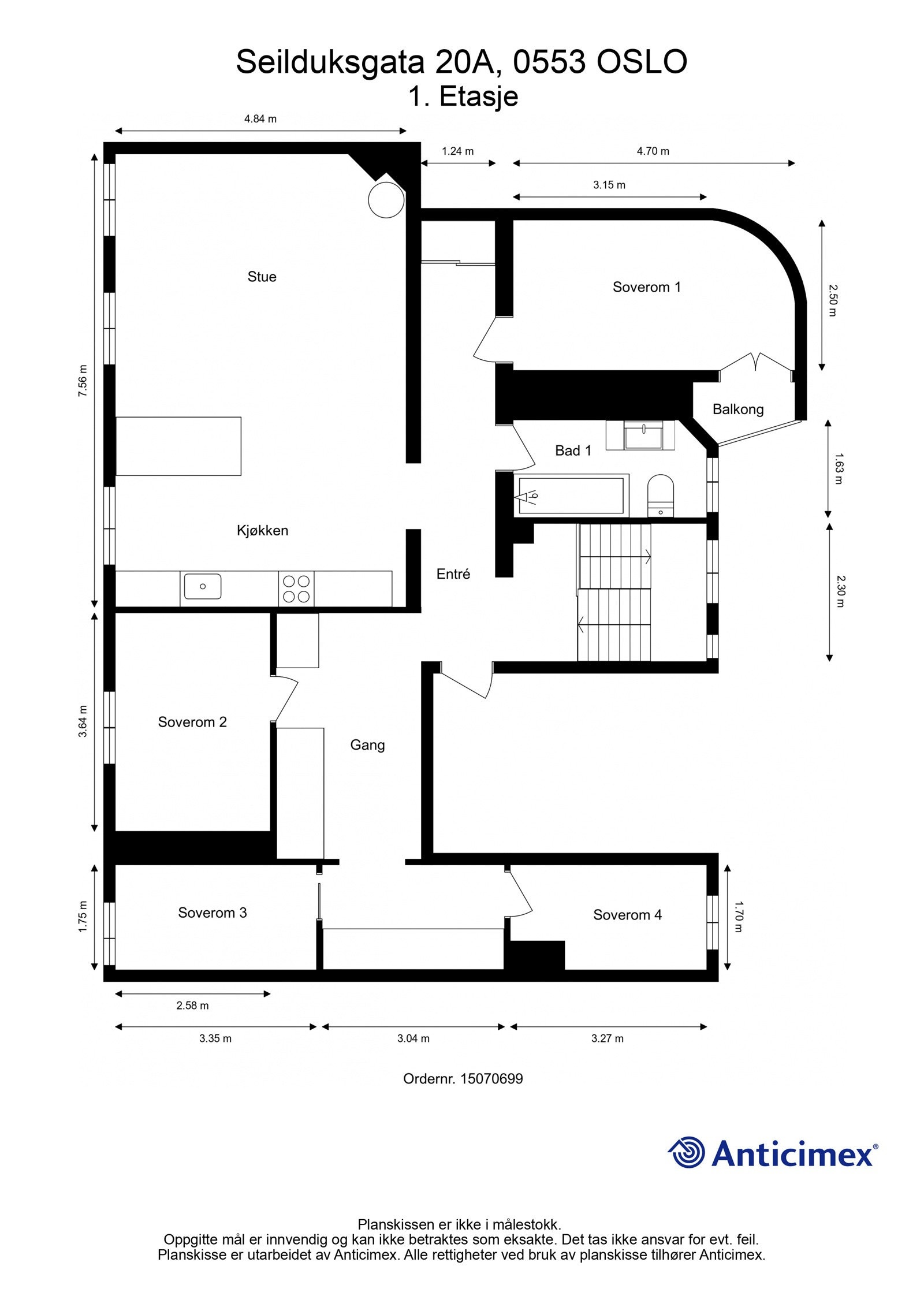 Plantegning. I tillegg disponerer leiligheten en kjellerbod med på ca. 7m² og en loftsbod med skråtak og et totalt gulvareal på ca. 6m². Galleribilde