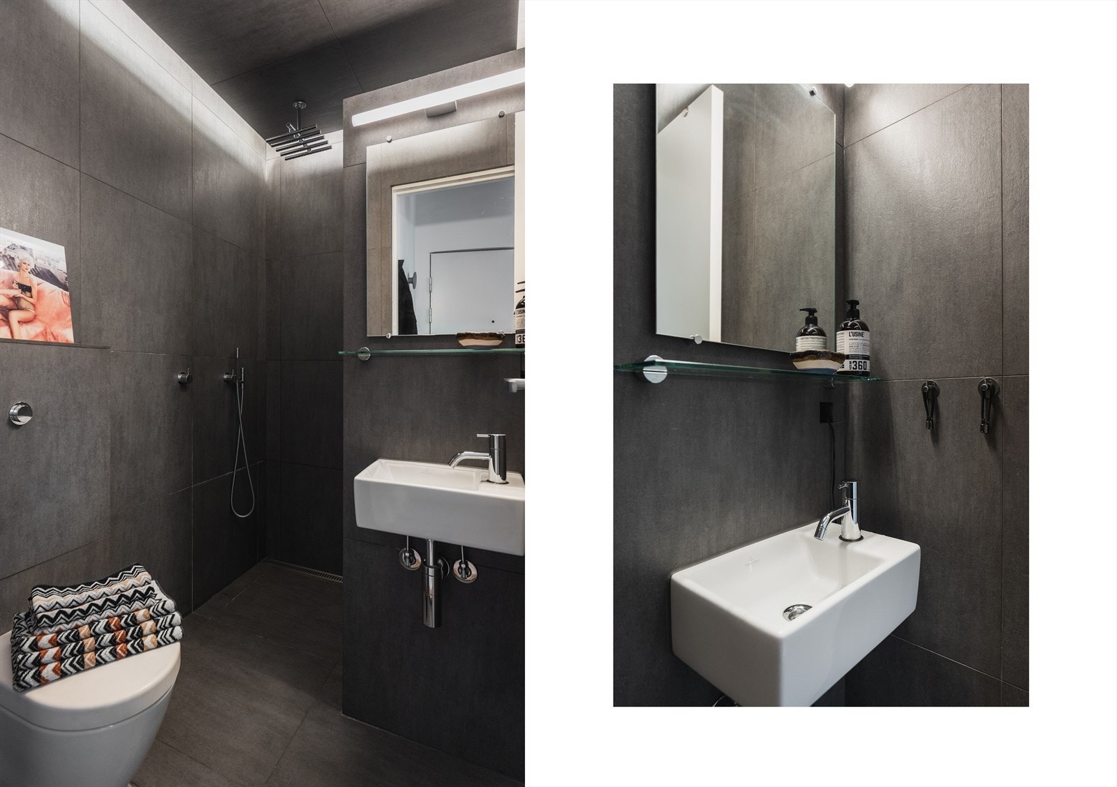 Badet er innredet med vegghengt toalett, servant og dusjhjørne, samt avtrekk over tak/til friluft Galleribilde