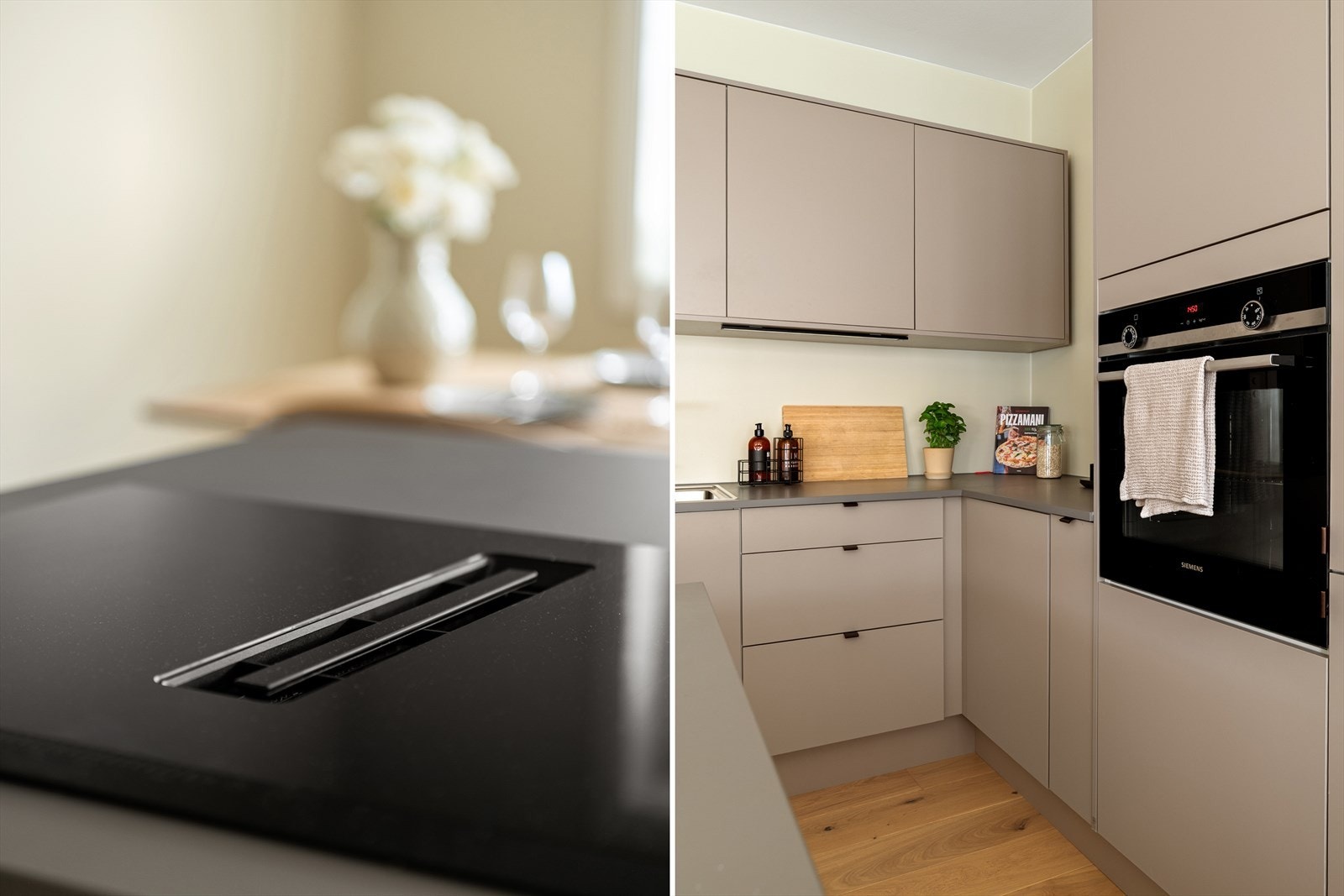 Integrerte hvitevarer fra Electrolux/Siemens, steketopp med integrert avtrekk og kullfilter plassert i romslig kjøkkenøy. Galleribilde