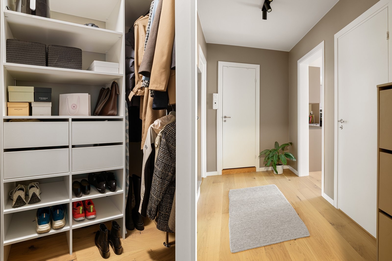 Det er en romslig gang som først møter deg i boligen. I tillegg har du en meget praktisk walk-in garderobe hvor støvsuger og vaskesaker kan gjemmes unna. Galleribilde