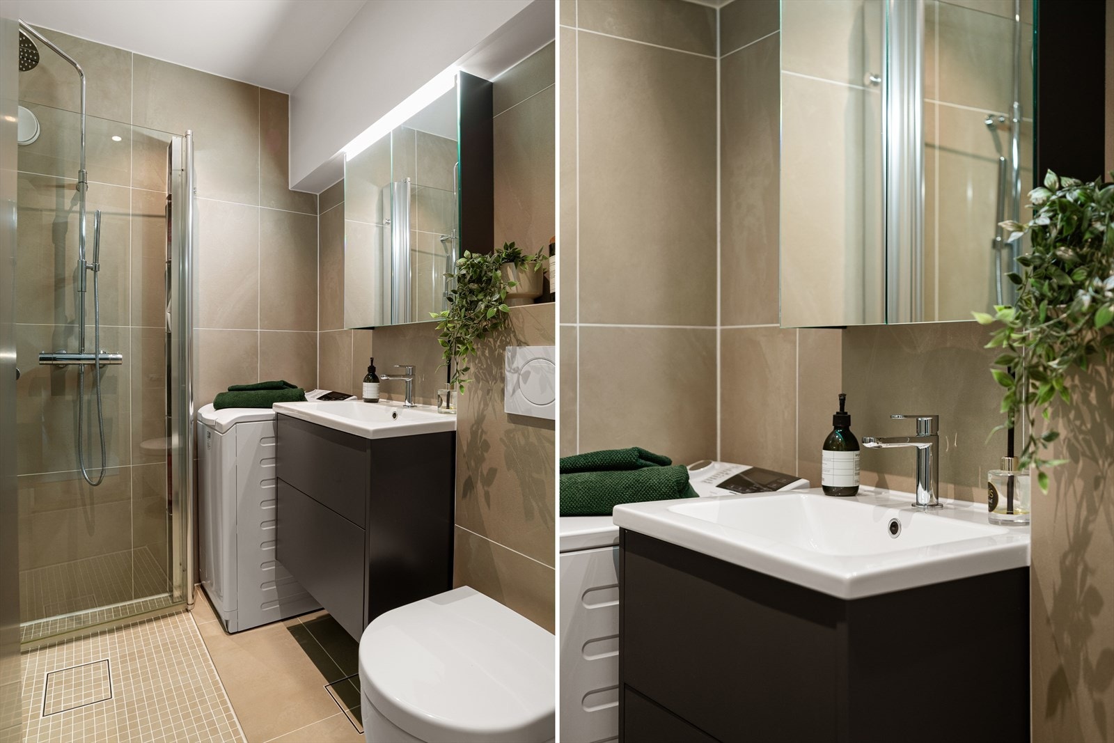 Badet ble pusset opp i 2021 og holder en tidløs og delikat standard. Opplegg for vaskemaskin på bad. Galleribilde