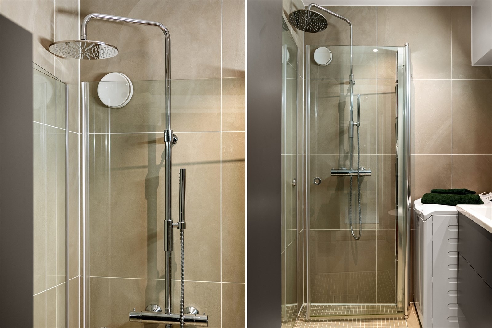 Badet inneholder dusjnisje med innfellbare glassdører (skjult oppbevaring i dusjdøren ved siden av vaskemaskinen), vegghengt toalett og heldekkende servant med skuffer under. Galleribilde