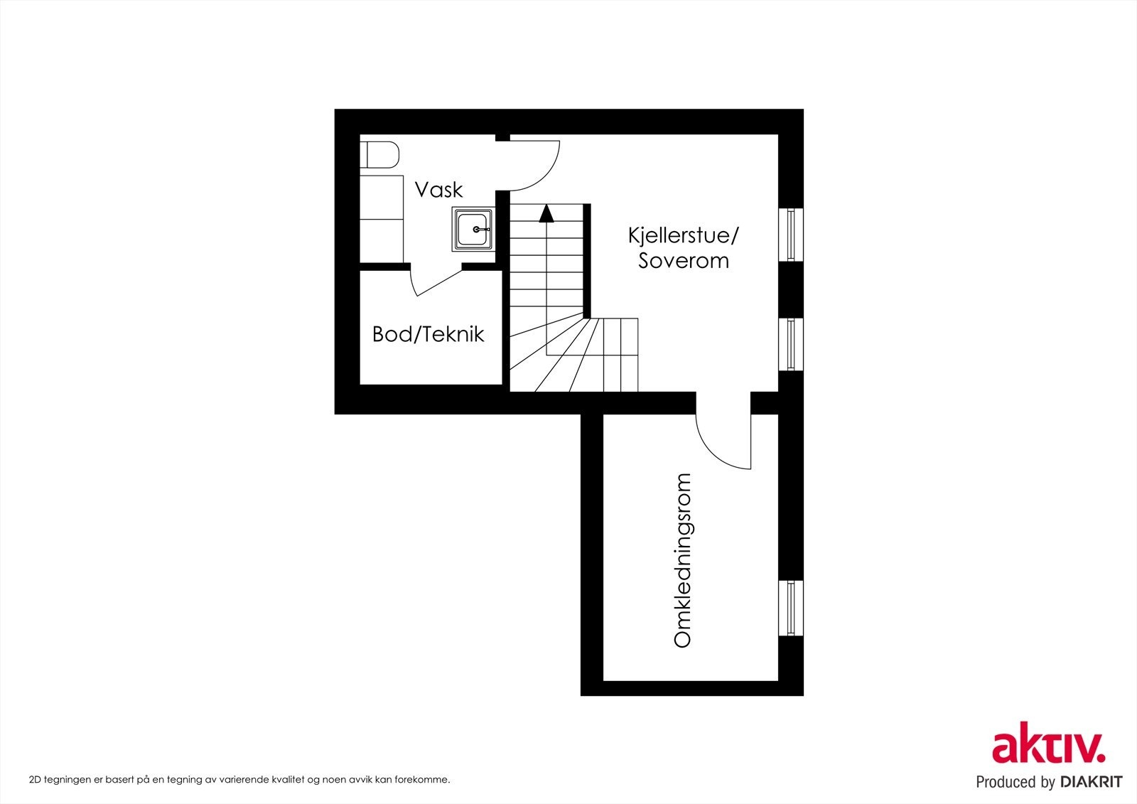 Kjellerstue kan gjøres om til et soverom. Omkledningsrom får for lite naturlig lys grunnet naboens inngangsparti- derfor er rommet ikke godkjent som soverom p.t Galleribilde